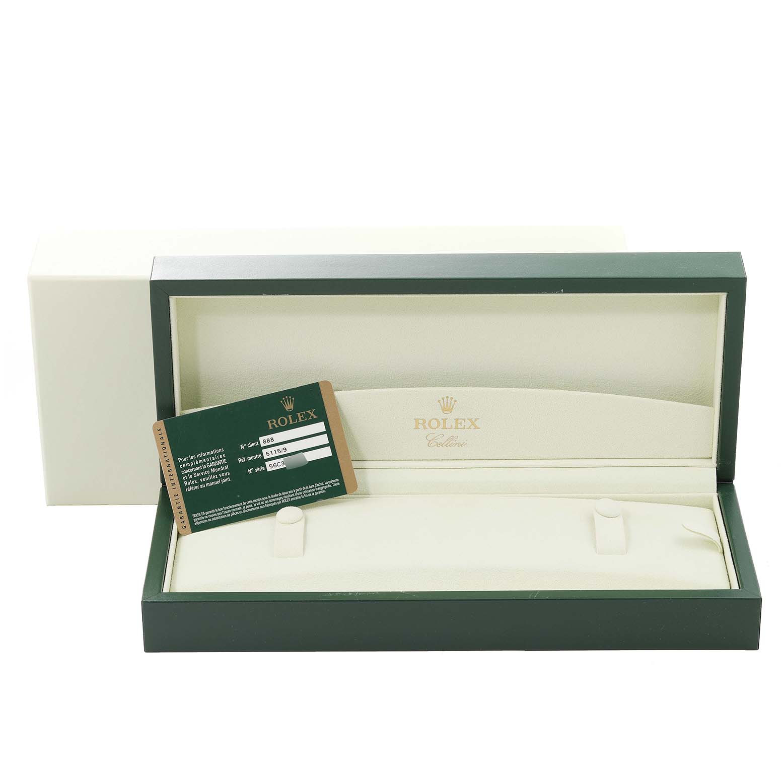 This image shows the open green and white box of a Rolex Cellini 5115 Men's White Gold Silver Dial 5115 Men's White Gold Silver Dial watch with an authentication card inside.