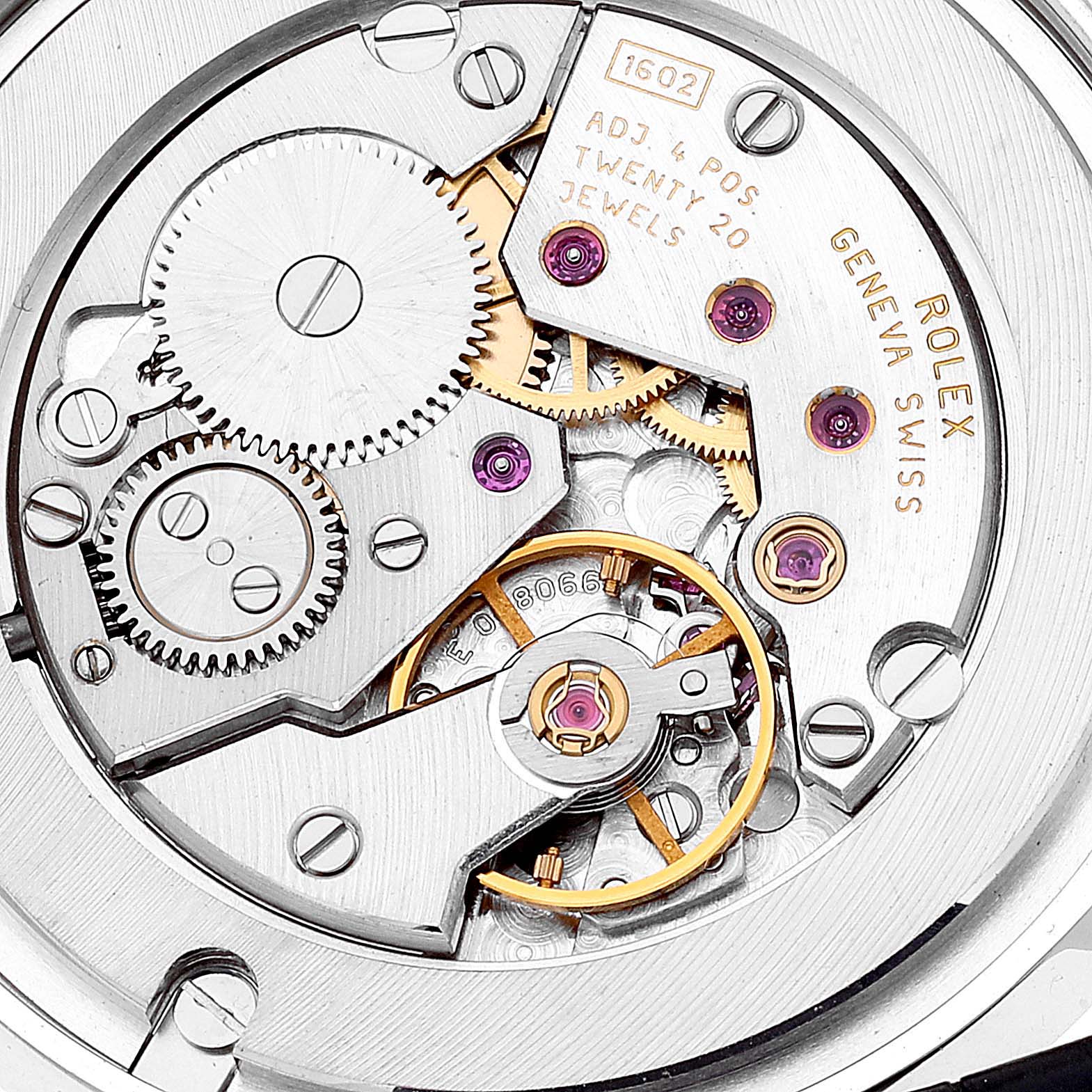 The image shows a close-up of the inner mechanical movement parts of the Rolex Cellini 5115 Men's White Gold Silver Dial 5115 Men's White Gold Silver Dial model watch.