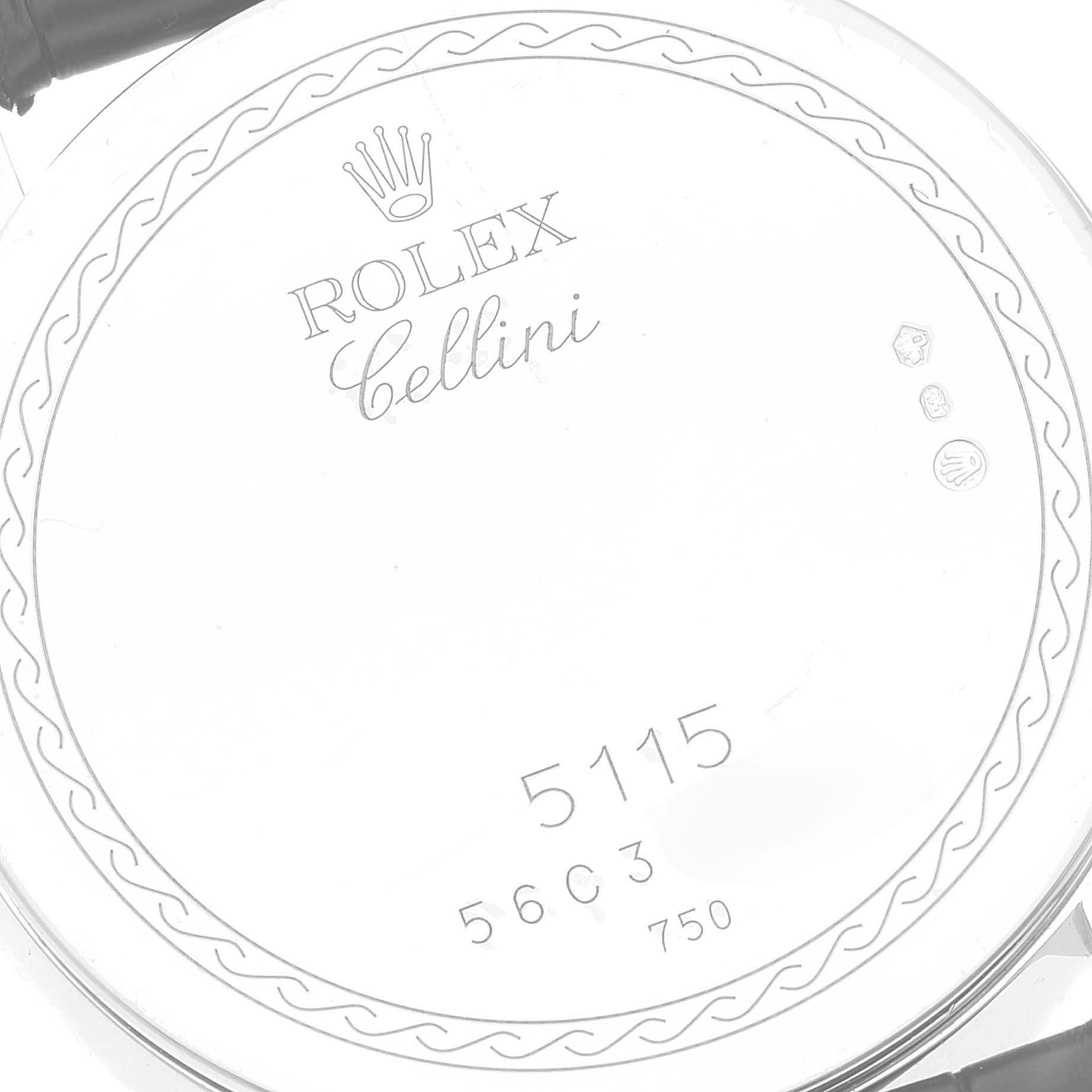 The image shows the back casing of a Rolex Cellini 5115 Men's White Gold Silver Dial 5115 Men's White Gold Silver Dial watch, highlighting its engraved logo, model number, and hallmark stamps.