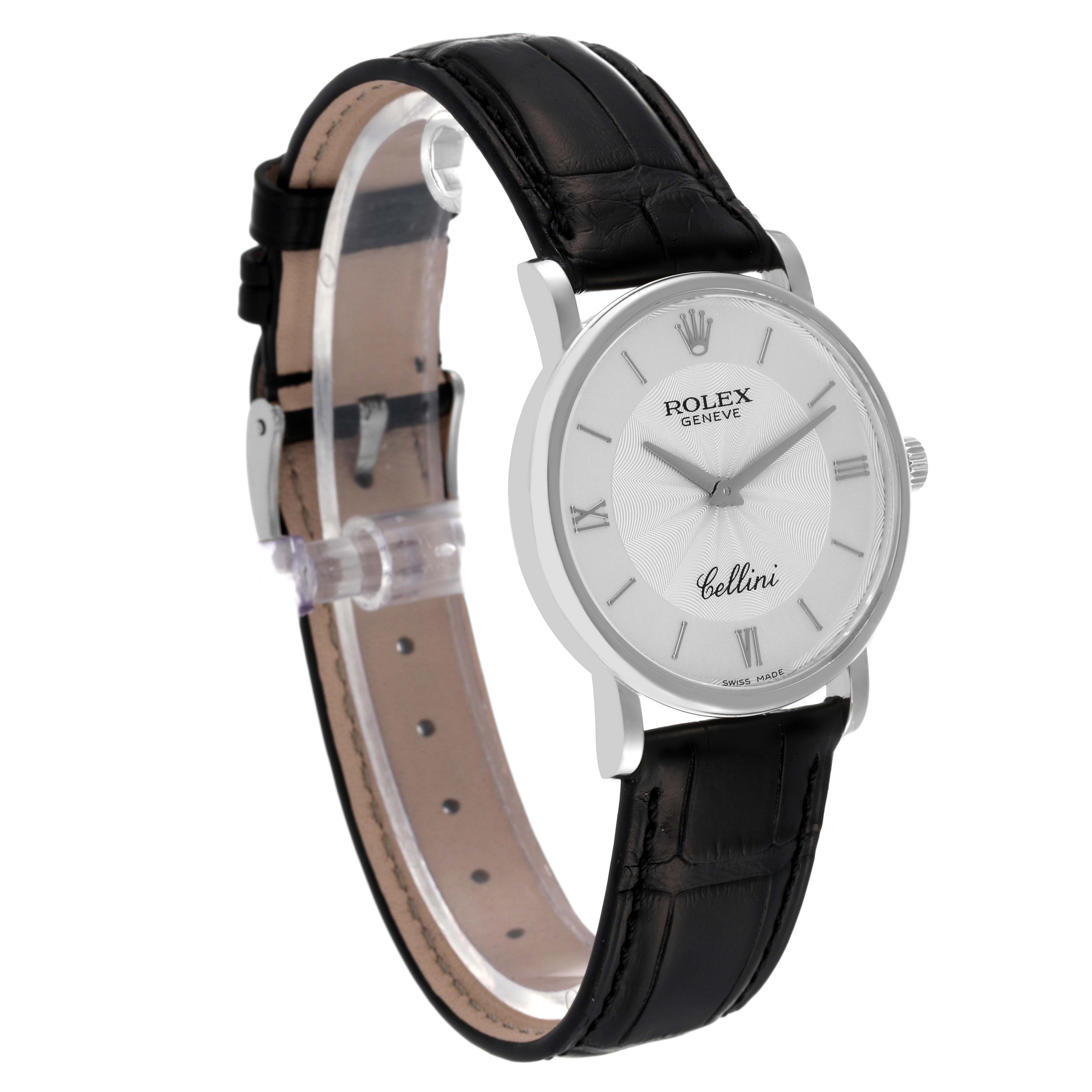 The Rolex Cellini 5115 Men's White Gold Silver Dial 5115 Men's White Gold Silver Dial watch is shown at a three-quarter angle, displaying the dial, bezel, strap, and clasp.