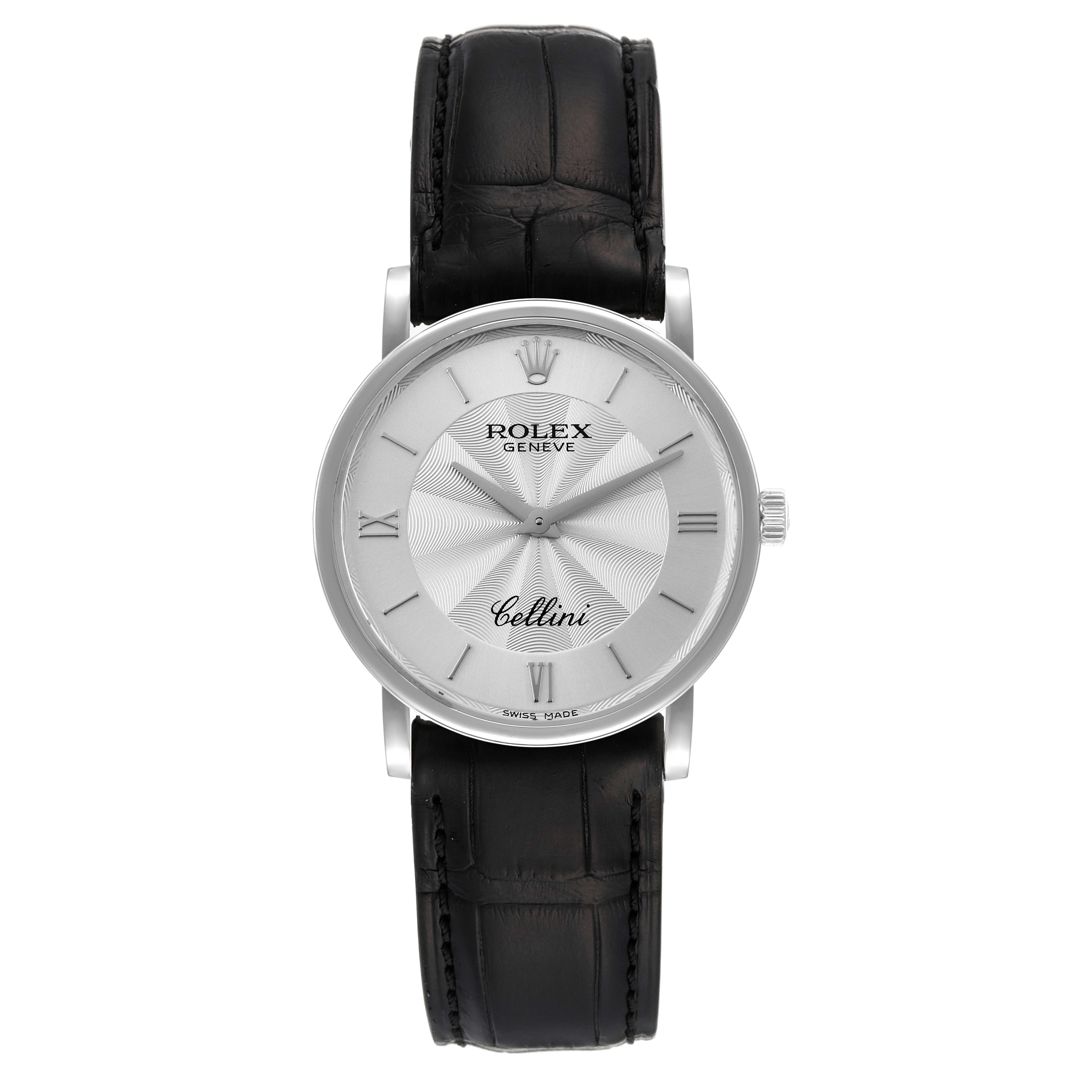 This image shows a frontal view of the Rolex Cellini 5115 Men's White Gold Silver Dial 5115 Men's White Gold Silver Dial watch, highlighting the dial, case, and leather strap.