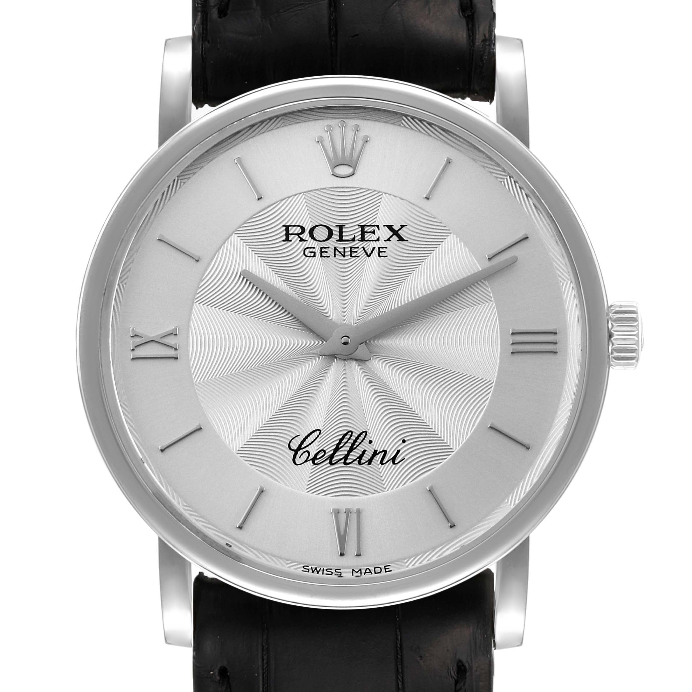 The image shows a front view of the Rolex Cellini 5115 Men's White Gold Silver Dial 5115 Men's White Gold Silver Dial watch, highlighting its face, hands, markers, crown, and black leather strap.