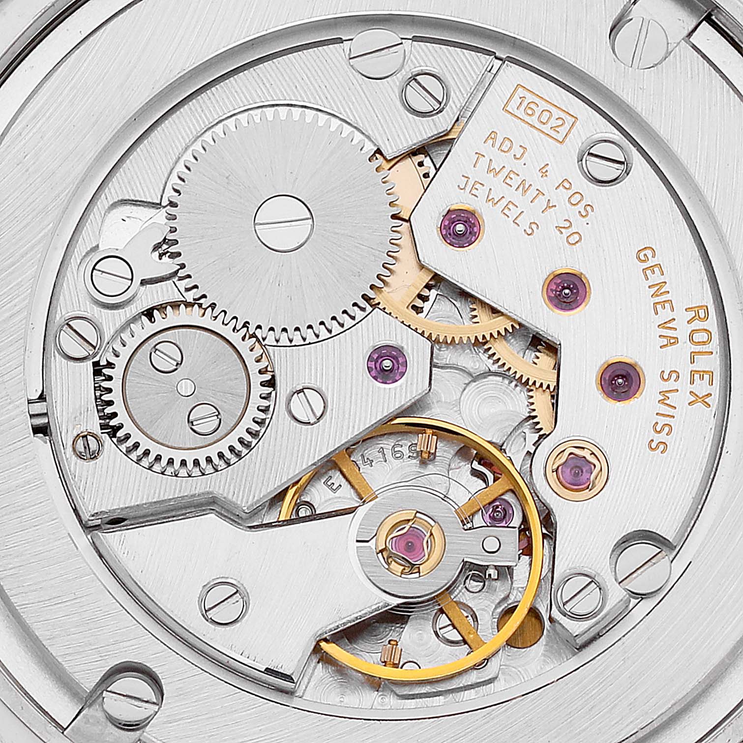 The image shows the detailed mechanical movement of a Rolex Cellini 5115 Men's White Gold Mother of Pearl Dial 5115 Men's White Gold Mother of Pearl Dial watch from a top-down perspective.