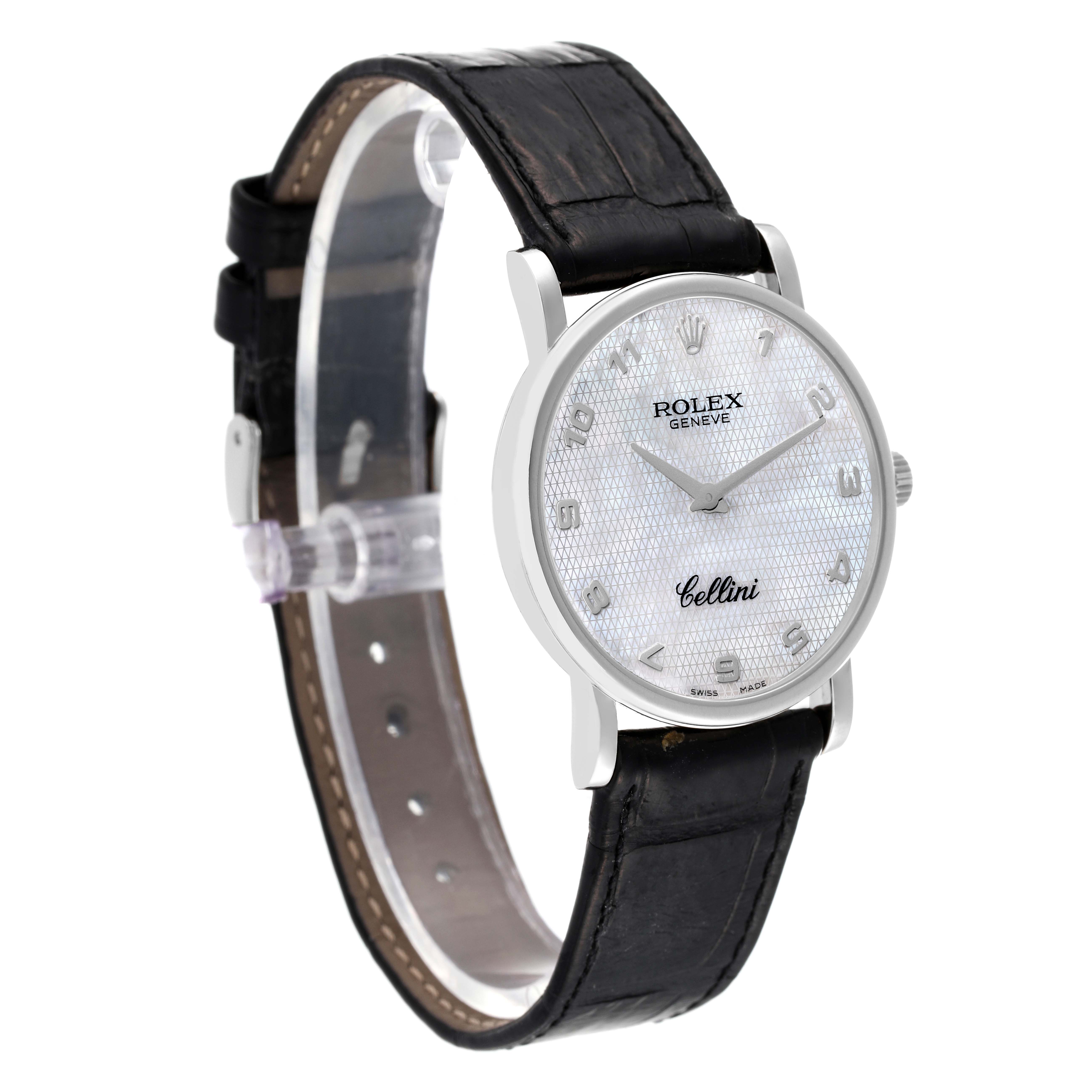 The image shows a Rolex Cellini 5115 Men's White Gold Mother of Pearl Dial 5115 Men's White Gold Mother of Pearl Dial watch at a slight angle, highlighting the dial, hour markers, hands, and leather strap.