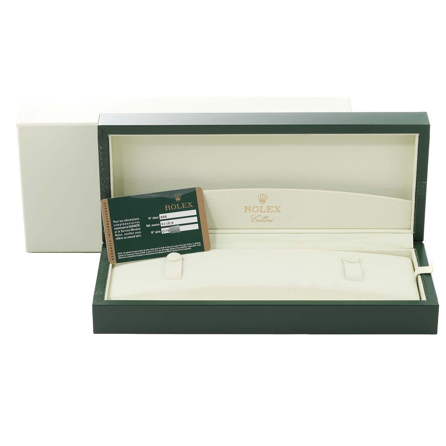 The image shows an empty Rolex Cellini 5115 Men's White Gold Mother of Pearl Dial 5115 Men's White Gold Mother of Pearl Dial watch box and an information card.