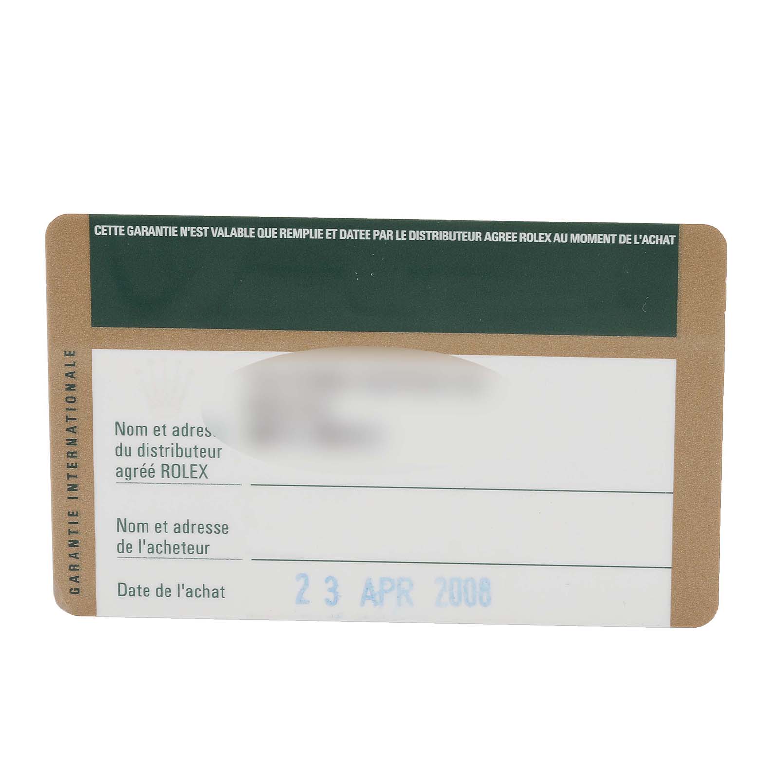 This image shows the international warranty card for the Rolex Cellini 5115 Men's White Gold Mother of Pearl Dial 5115 Men's White Gold Mother of Pearl Dial model.