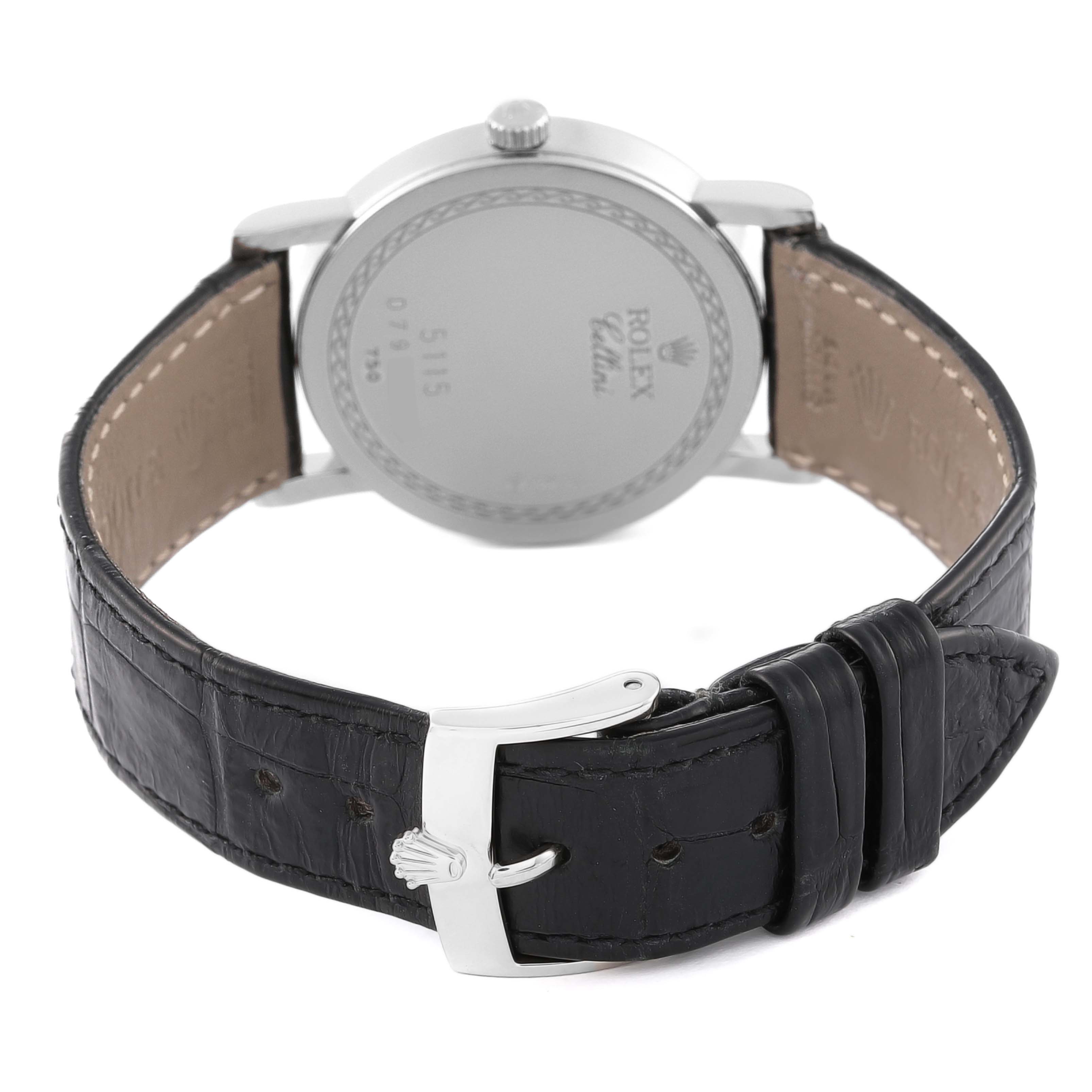 The image displays the back case and leather strap of a Rolex Cellini 5115 Men's White Gold Mother of Pearl Dial 5115 Men's White Gold Mother of Pearl Dial watch.