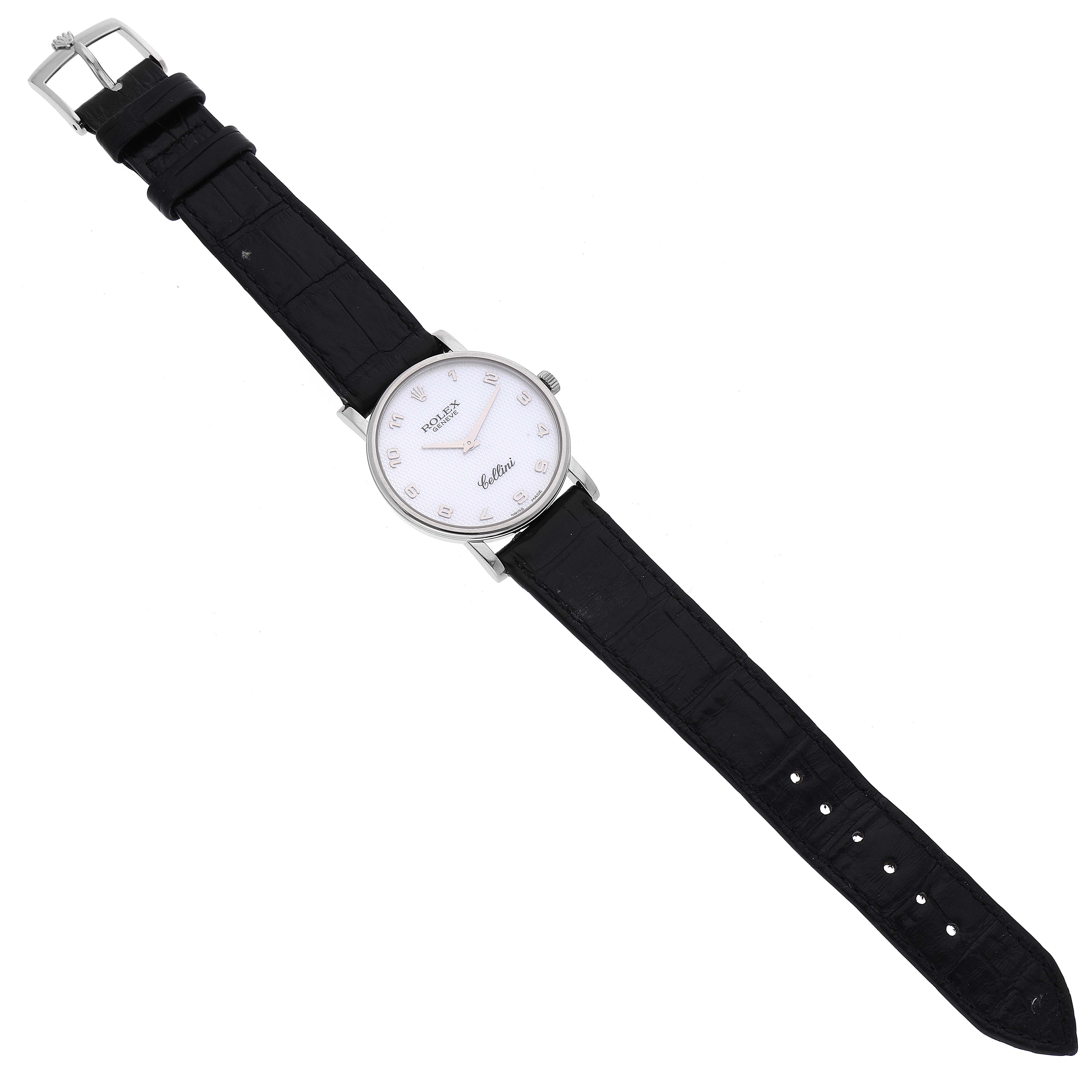 This image shows a top-down view of a Rolex Cellini 5115 Men's White Gold Mother of Pearl Dial 5115 Men's White Gold Mother of Pearl Dial watch with a black leather strap and silver case.