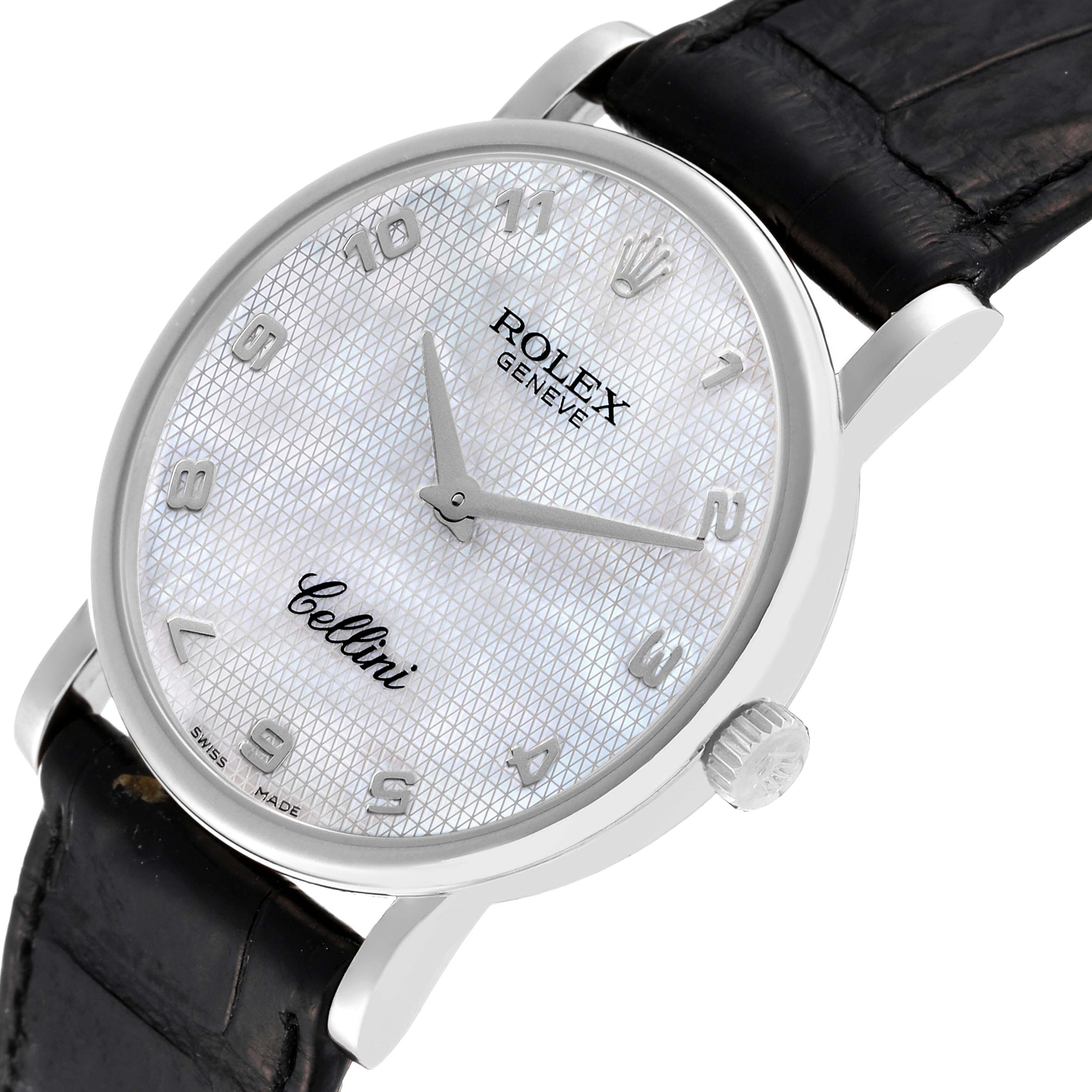 This image shows a Rolex Cellini 5115 Men's White Gold Mother of Pearl Dial 5115 Men's White Gold Mother of Pearl Dial watch at a front angle, highlighting the dial, crown, and leather strap.