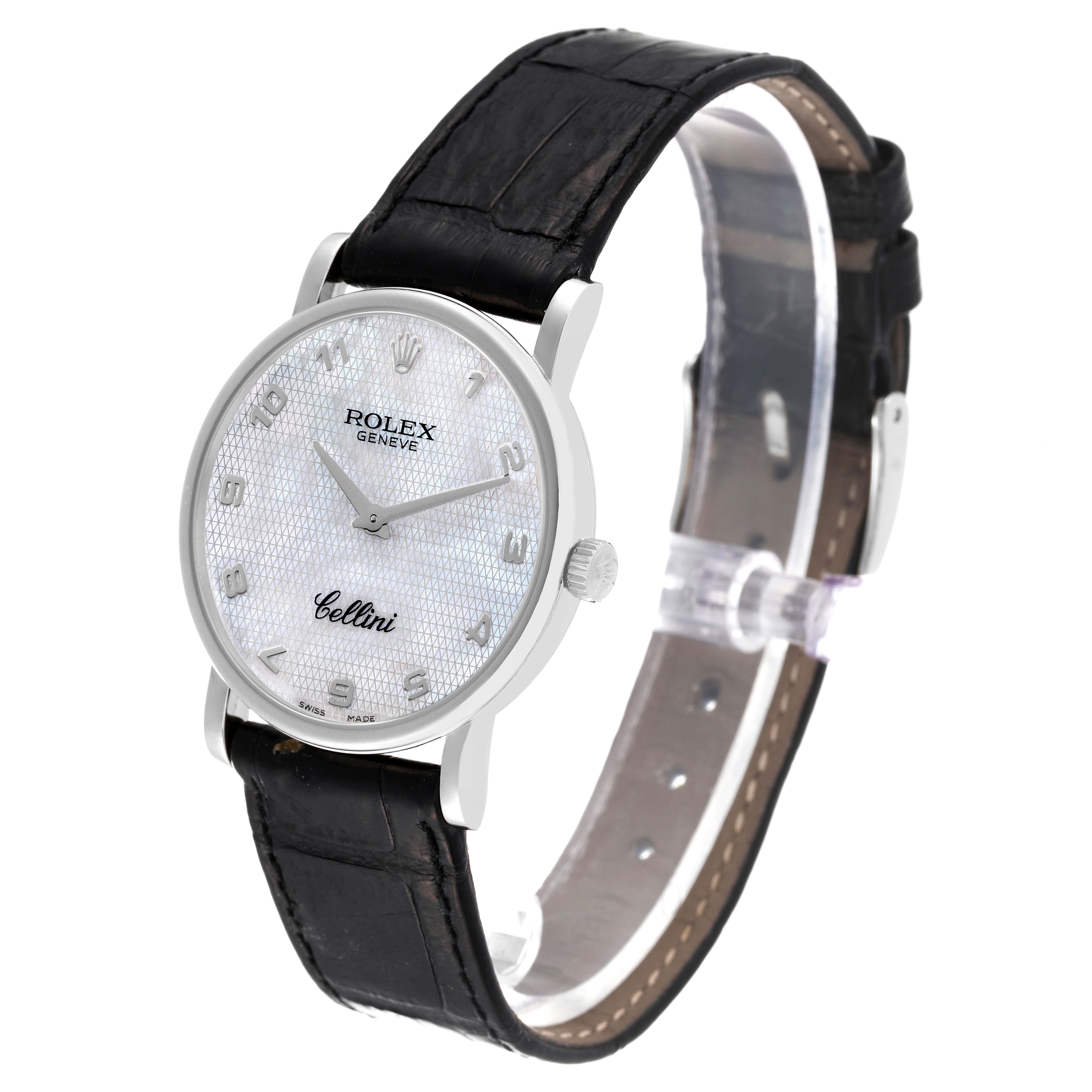 The image shows a Rolex Cellini 5115 Men's White Gold Mother of Pearl Dial 5115 Men's White Gold Mother of Pearl Dial watch from a front angle, displaying its face, dial, crown, and leather strap.