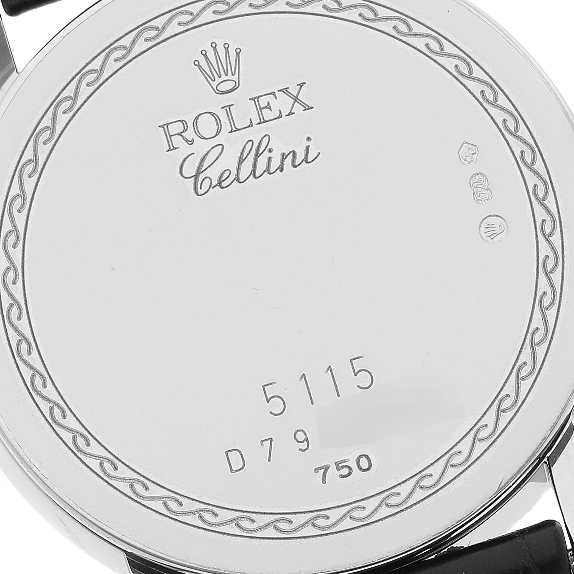 The image shows the back case of a Rolex Cellini 5115 Men's White Gold Mother of Pearl Dial 5115 Men's White Gold Mother of Pearl Dial watch, highlighting model number 5115 and additional markings.