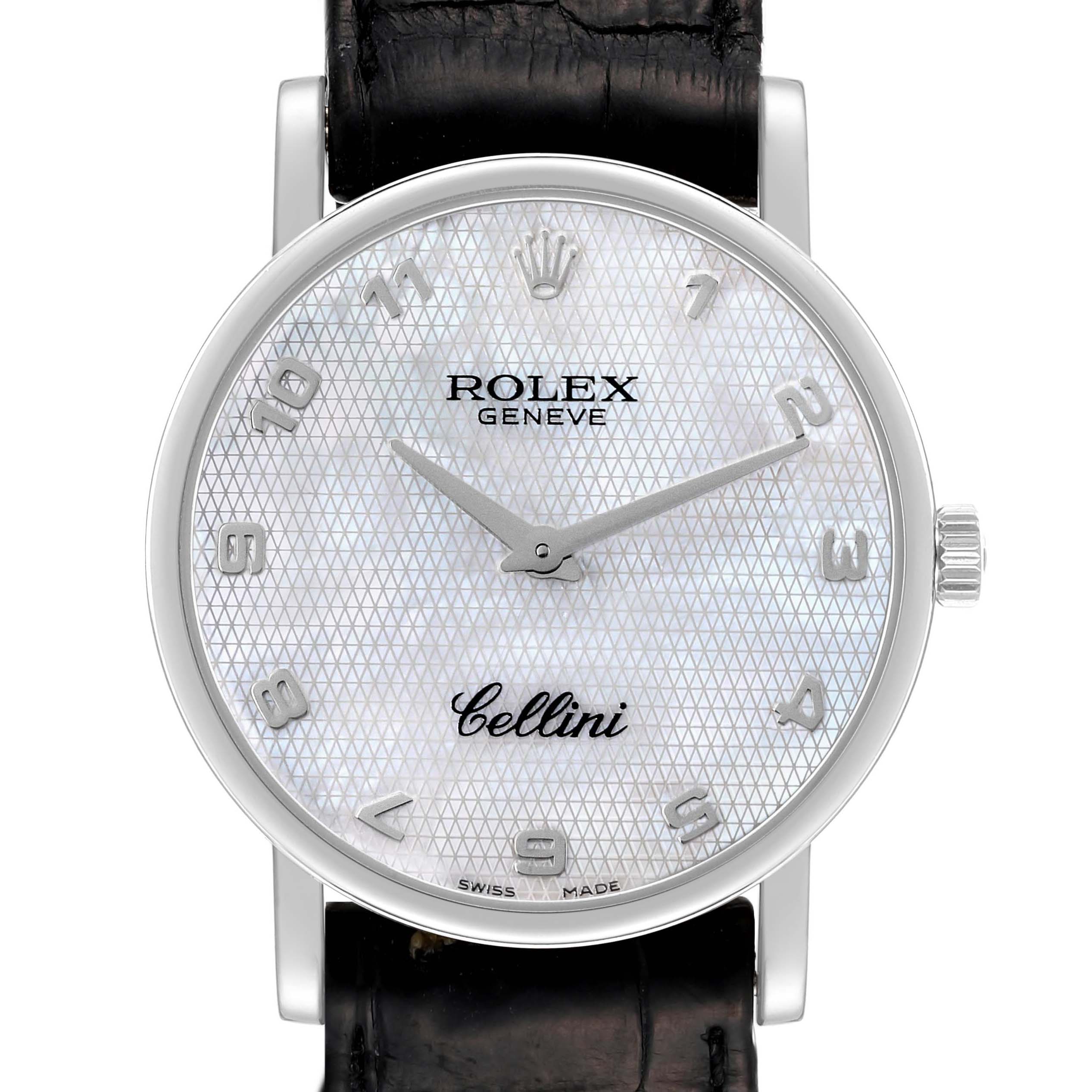 This is a front view of the Rolex Cellini 5115 Men's White Gold Mother of Pearl Dial 5115 Men's White Gold Mother of Pearl Dial watch, showing its dial, hands, crown, and part of the leather strap.