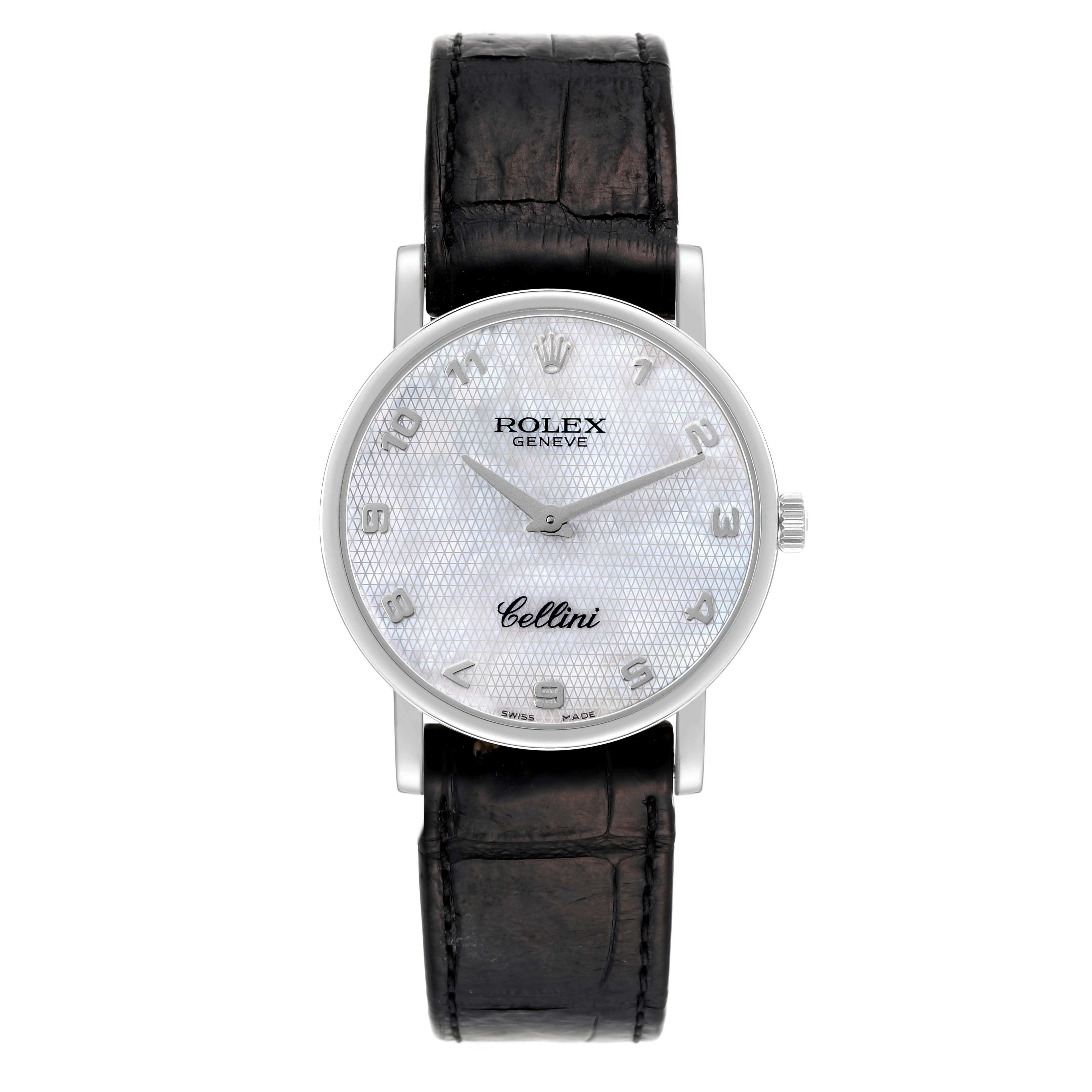 This image shows a frontal view of a Rolex Cellini 5115 Men's White Gold Mother of Pearl Dial 5115 Men's White Gold Mother of Pearl Dial watch, displaying its face, hour markers, hands, and black leather strap.