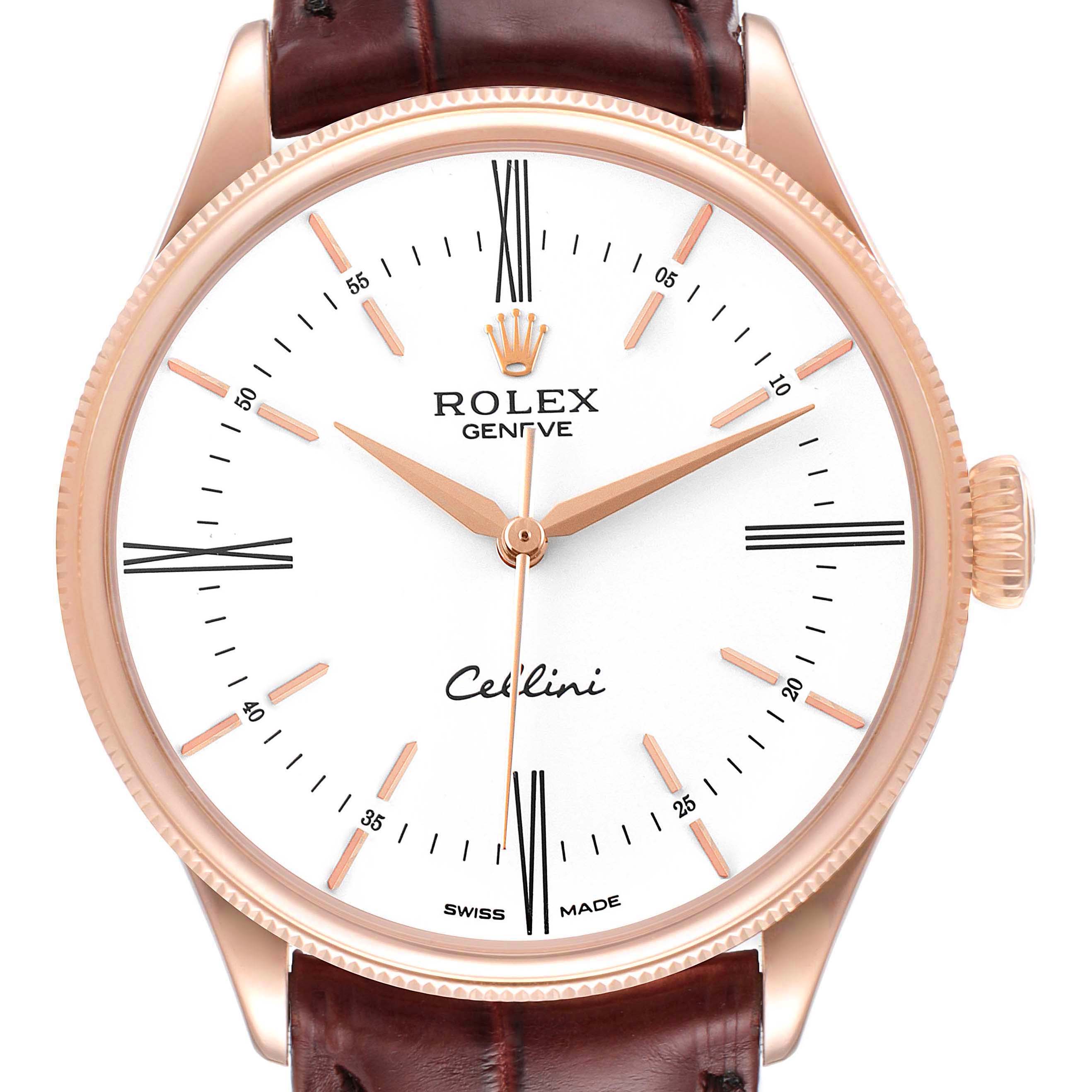 The image shows a frontal view of the Rolex Cellini 50505 Men's Rose Gold White Dial 50505 Men's Rose Gold White Dial watch, displaying its dial, hands, crown, and part of its brown leather strap.