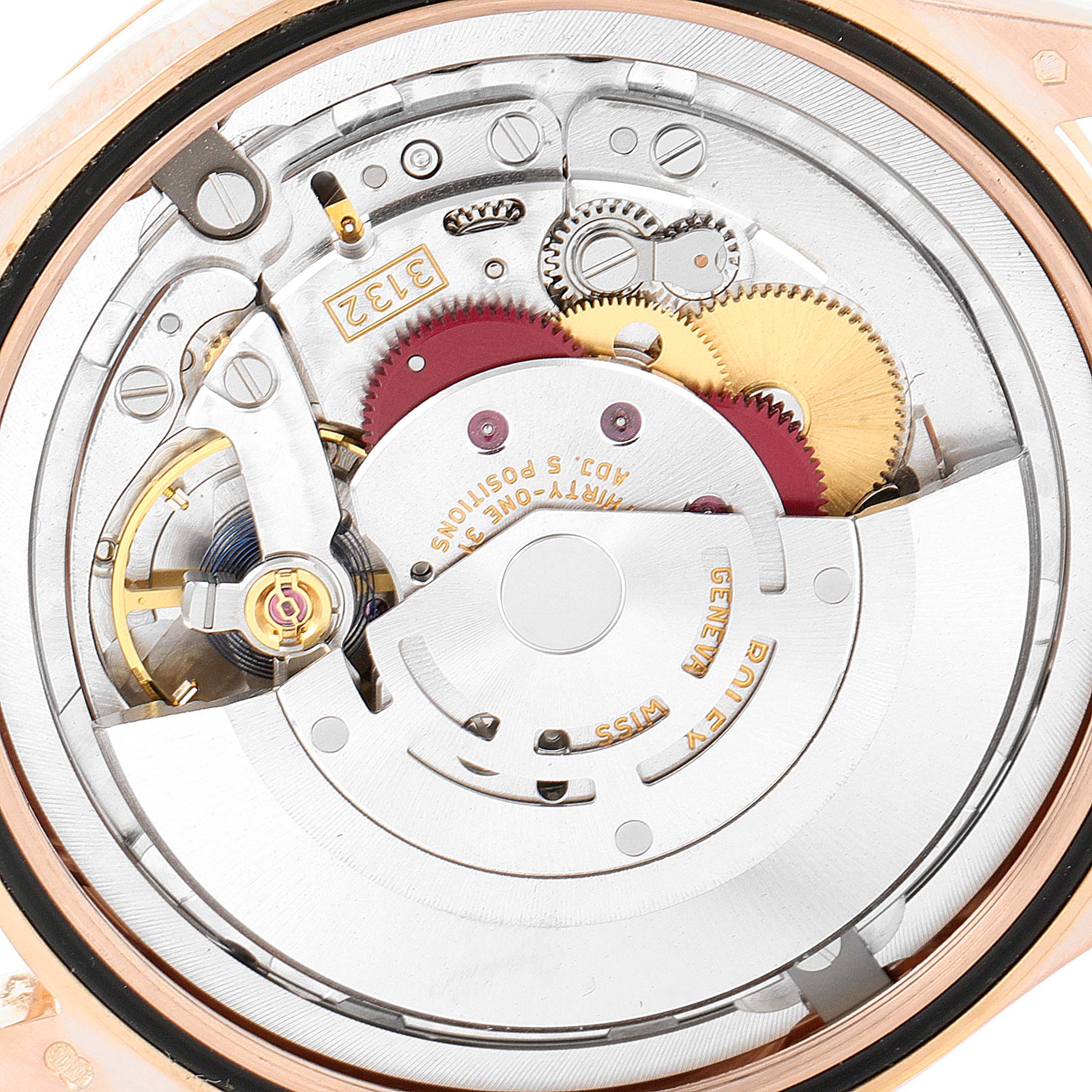 This image shows the intricate internal mechanism of a Rolex Cellini 50505 Men's Rose Gold White Dial 50505 Men's Rose Gold White Dial watch viewed from the back.