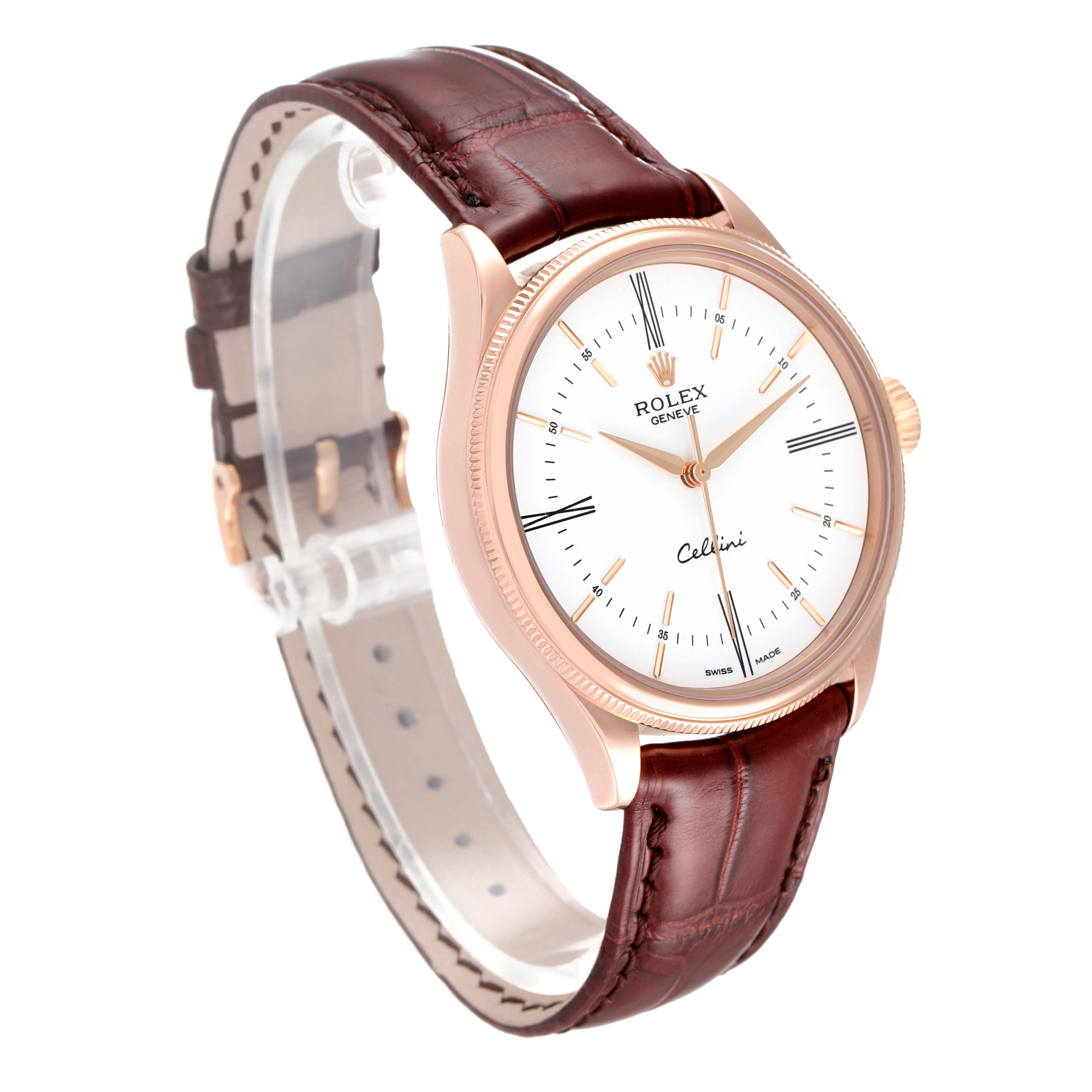 This image shows a Rolex Cellini 50505 Men's Rose Gold White Dial 50505 Men's Rose Gold White Dial watch from a slightly angled front view, highlighting its dial, case, and leather strap.