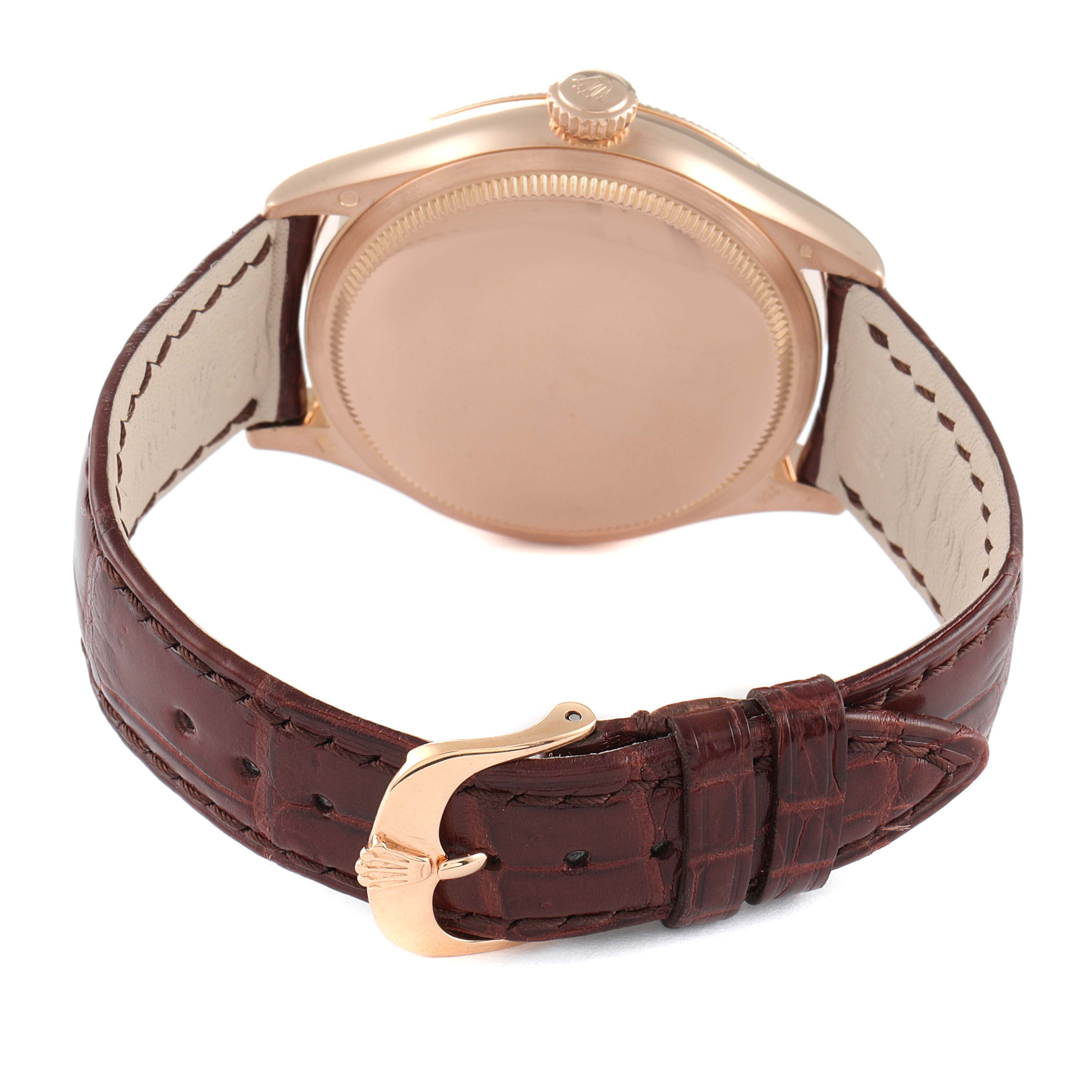 The image shows the back view of a Rolex Cellini 50505 Men's Rose Gold White Dial 50505 Men's Rose Gold White Dial watch, displaying the case back, crown, and brown leather strap with buckle.