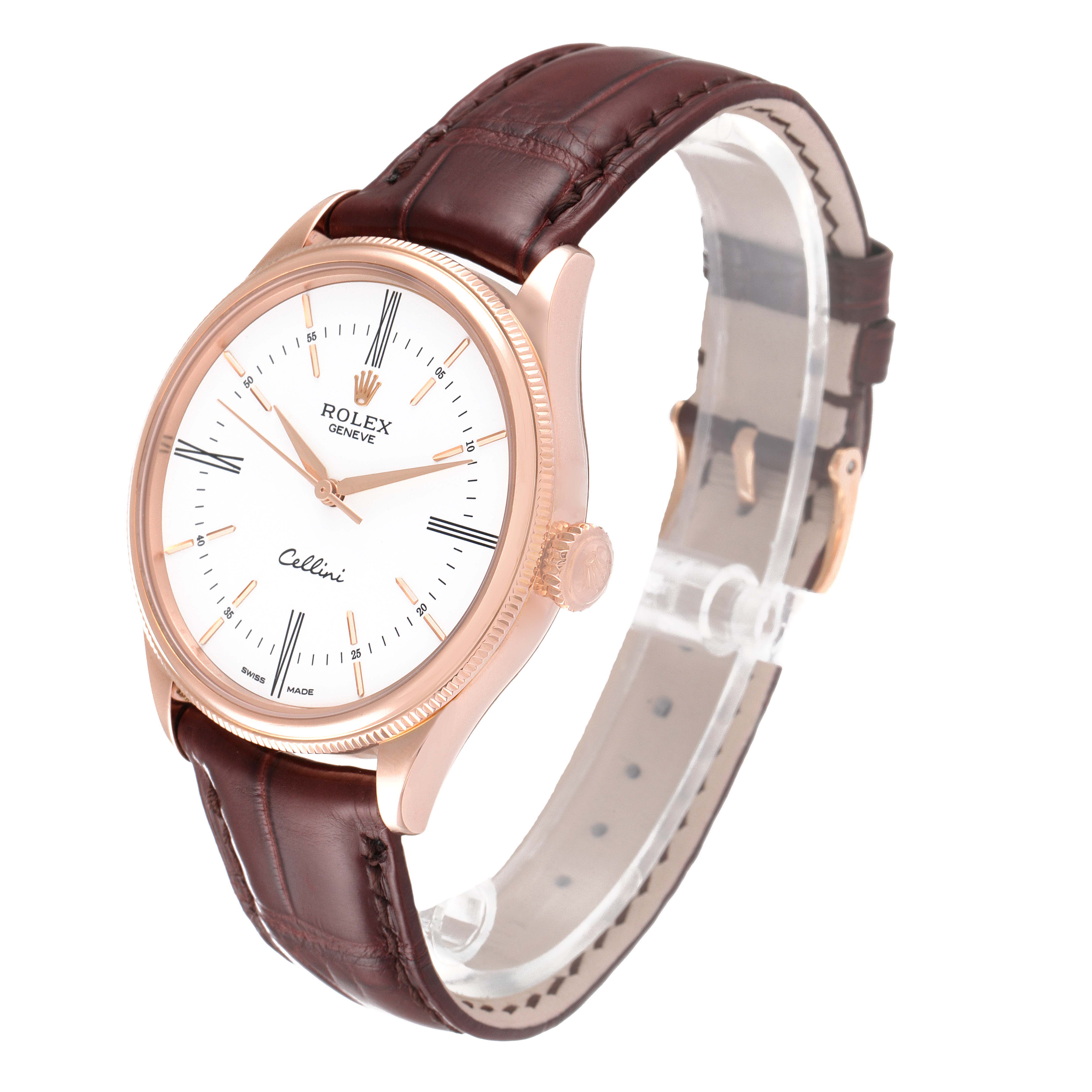 The Rolex Cellini 50505 Men's Rose Gold White Dial 50505 Men's Rose Gold White Dial watch is shown at a three-quarter angle, highlighting the face, bezel, crown, and leather strap.