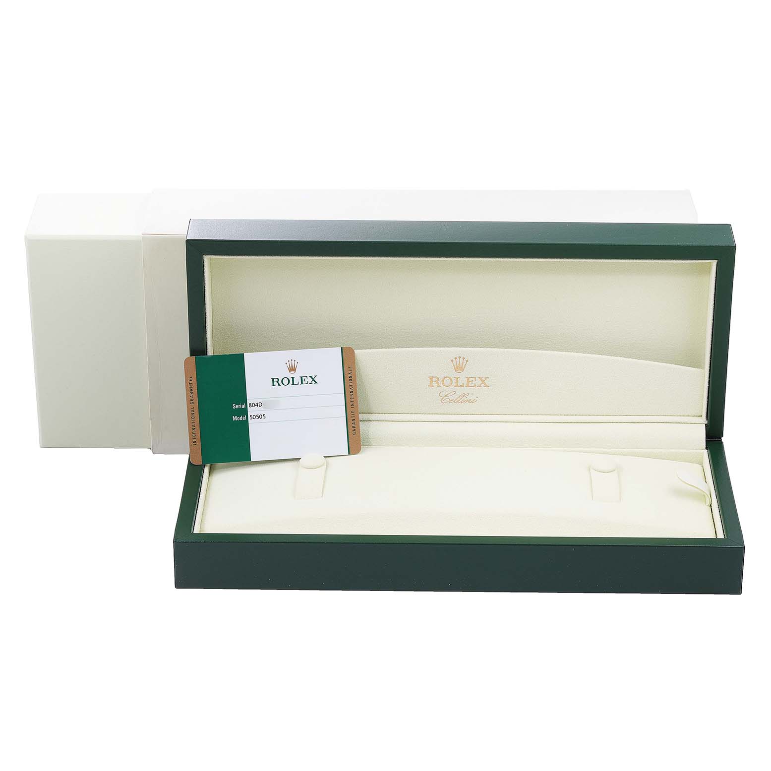 The image shows an open Rolex Cellini 50505 Men's Rose Gold White Dial 50505 Men's Rose Gold White Dial watch box, displaying a green and white warranty card inside.