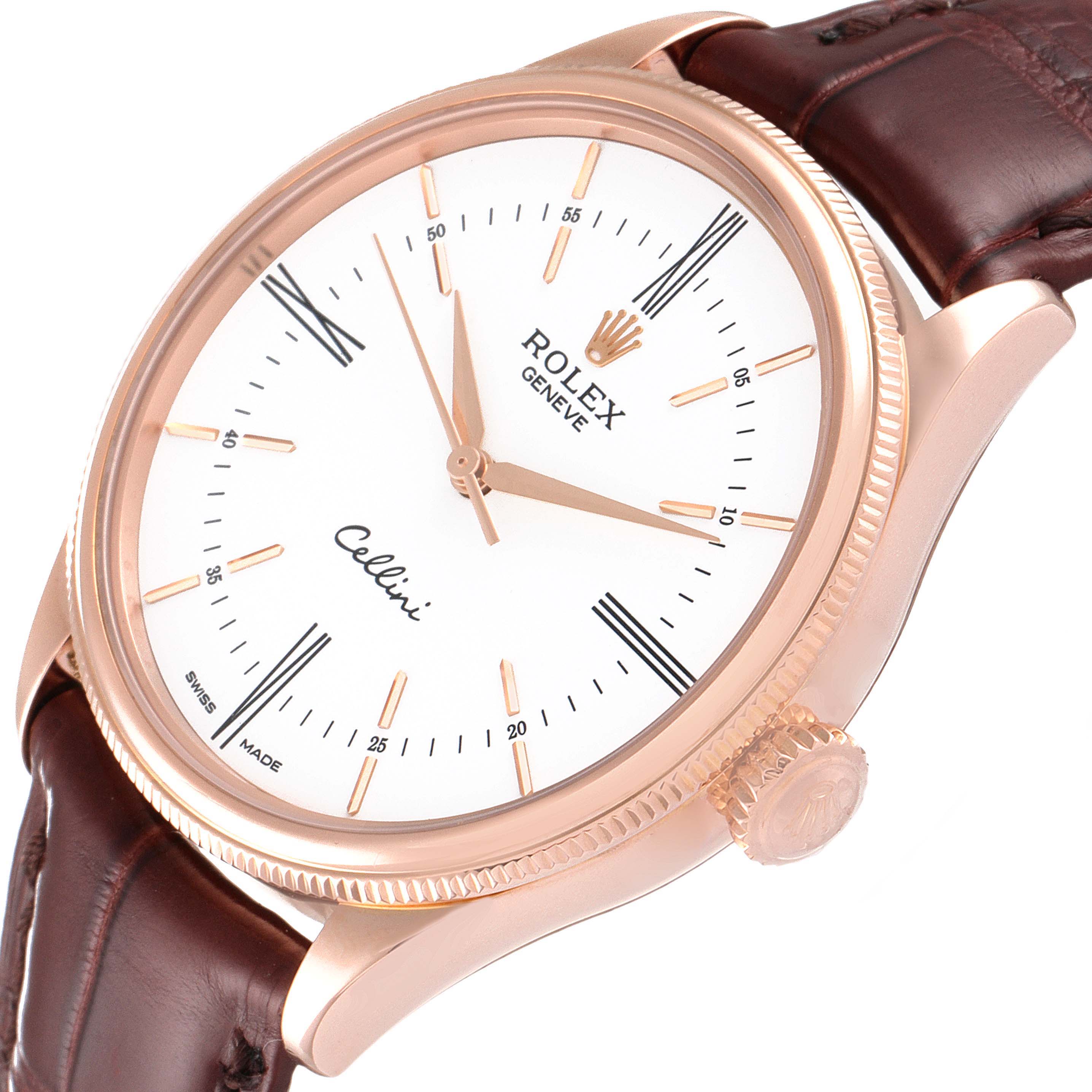 The image displays a side and front view of the Rolex Cellini 50505 Men's Rose Gold White Dial 50505 Men's Rose Gold White Dial watch, highlighting its dial, crown, and leather strap.