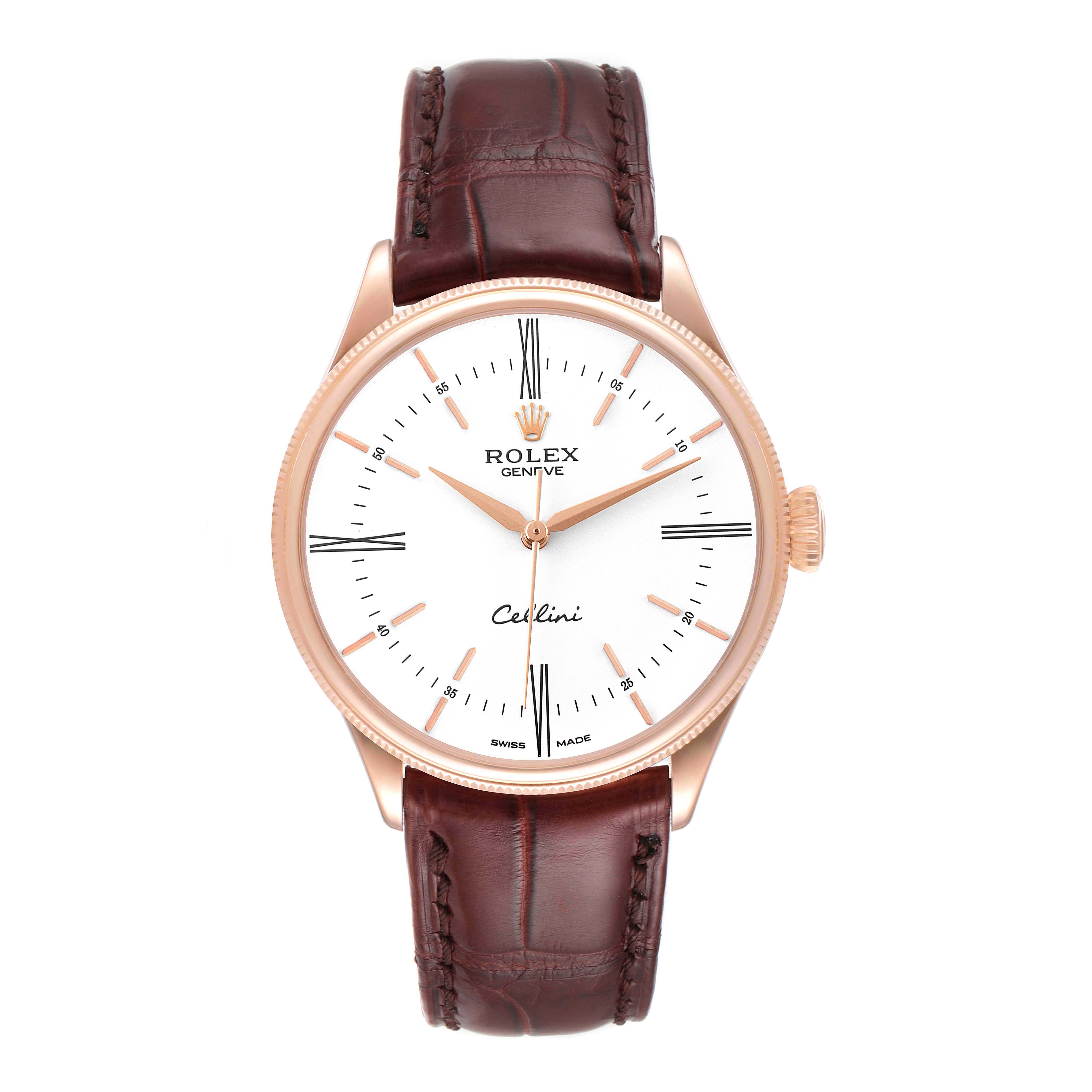 This image shows a Rolex Cellini 50505 Men's Rose Gold White Dial 50505 Men's Rose Gold White Dial watch from a front view, highlighting the dial, case, and leather strap.