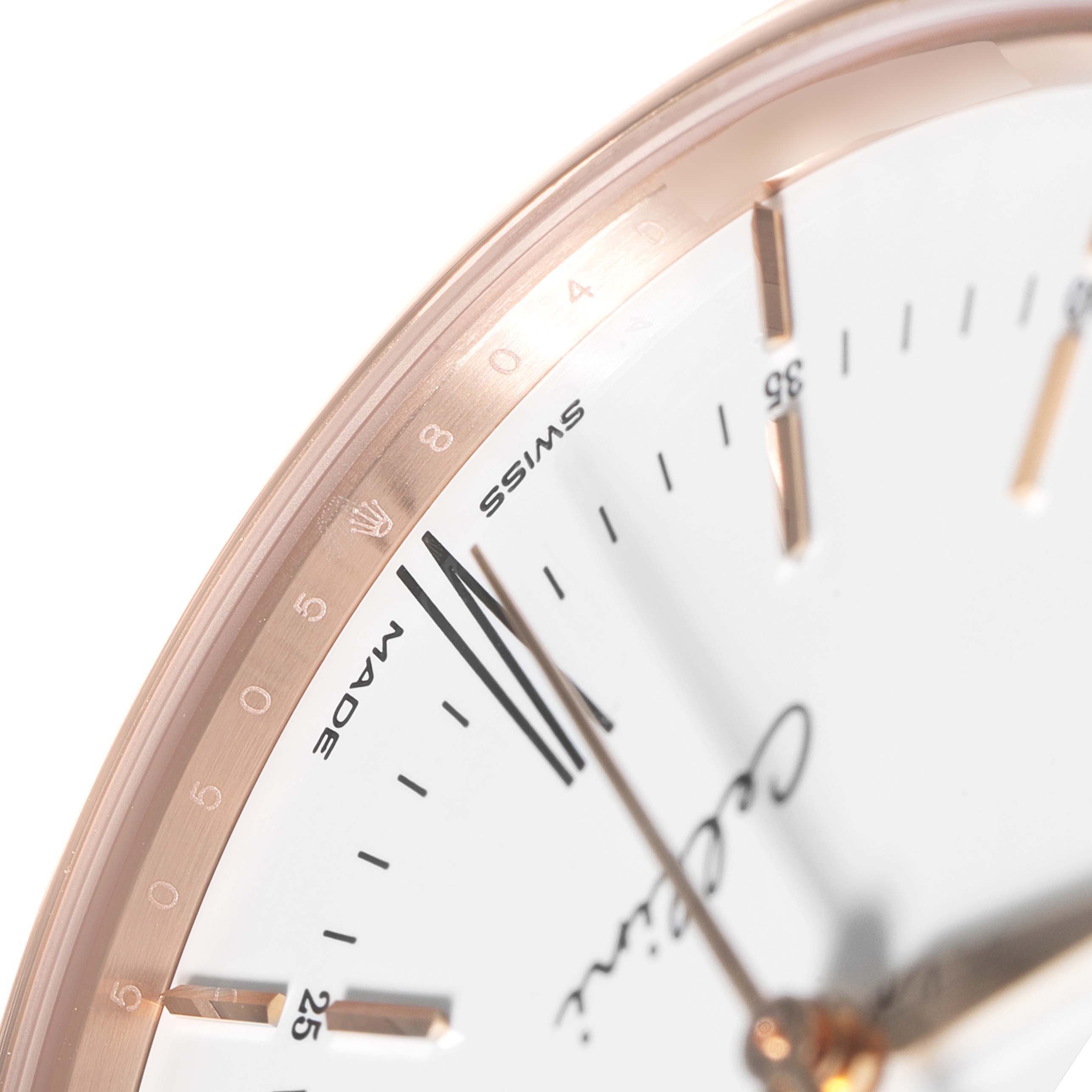 The image shows a close-up of the dial and bezel of a Rolex Cellini 50505 Men's Rose Gold White Dial 50505 Men's Rose Gold White Dial watch, highlighting the hour markers and "Swiss Made" text.