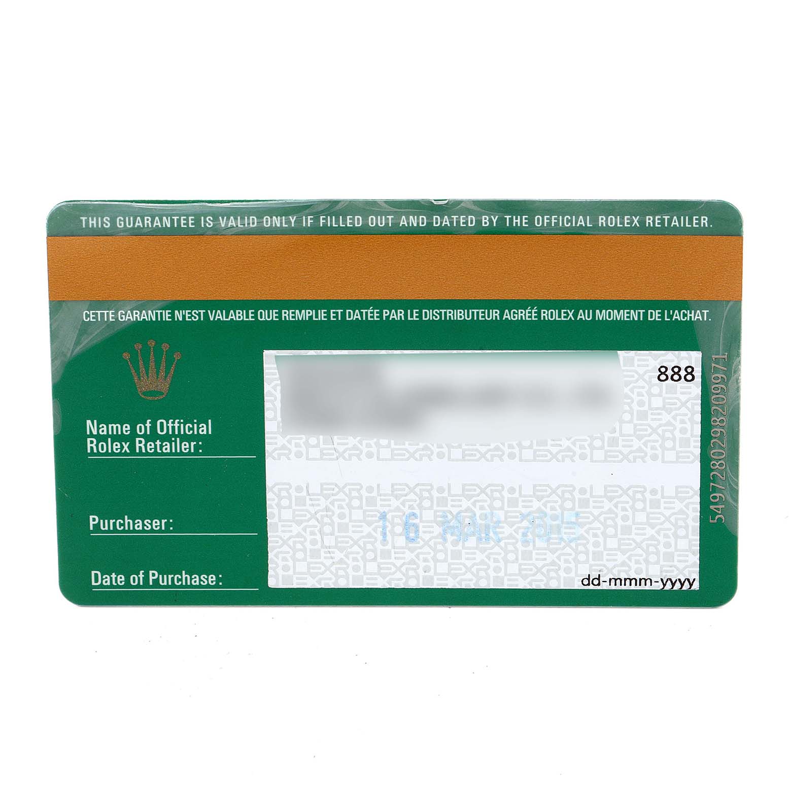 The image shows a guarantee card for a Rolex Cellini 50505 Men's Rose Gold White Dial 50505 Men's Rose Gold White Dial watch, with fields for retailer's name, purchaser, and the date of purchase.