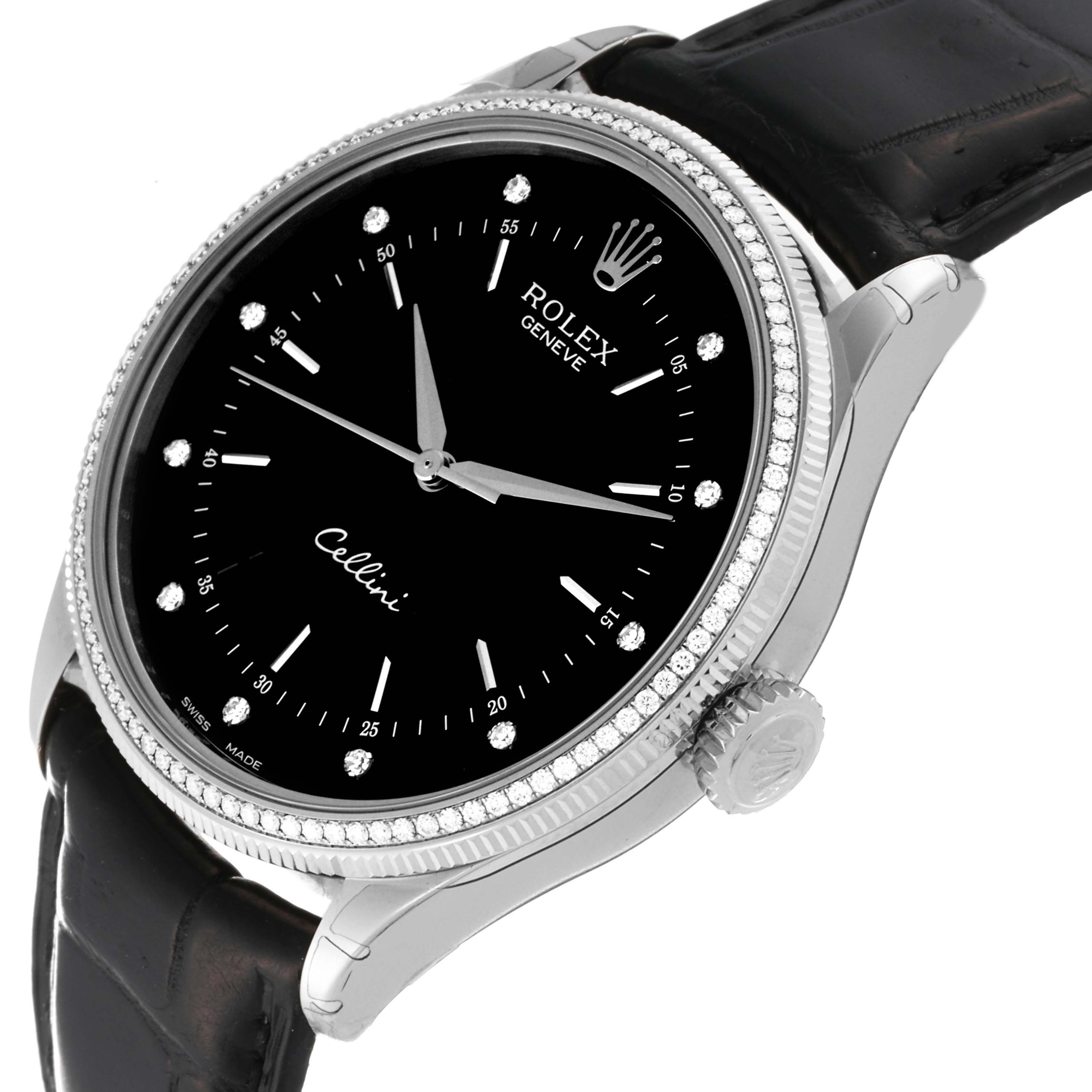 This image shows the Rolex Cellini 50609RBR Men's White Gold Black Dial 50609RBR Men's White Gold Black Dial watch from an angled view, highlighting its black dial, silver hands, crown, and leather strap.