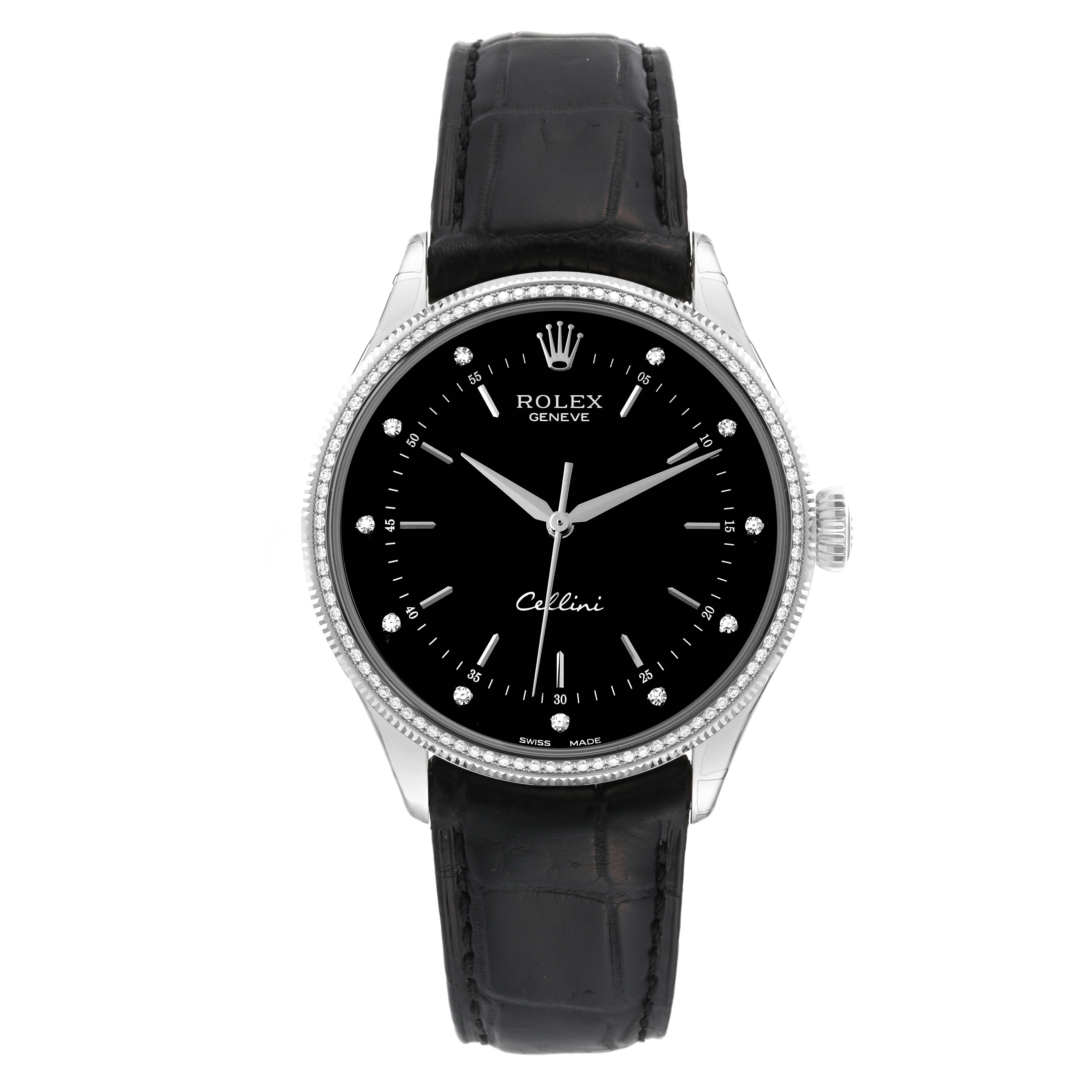 This image shows a front view of the Rolex Cellini 50609RBR Men's White Gold Black Dial 50609RBR Men's White Gold Black Dial watch, including the dial, hands, case, and leather strap.