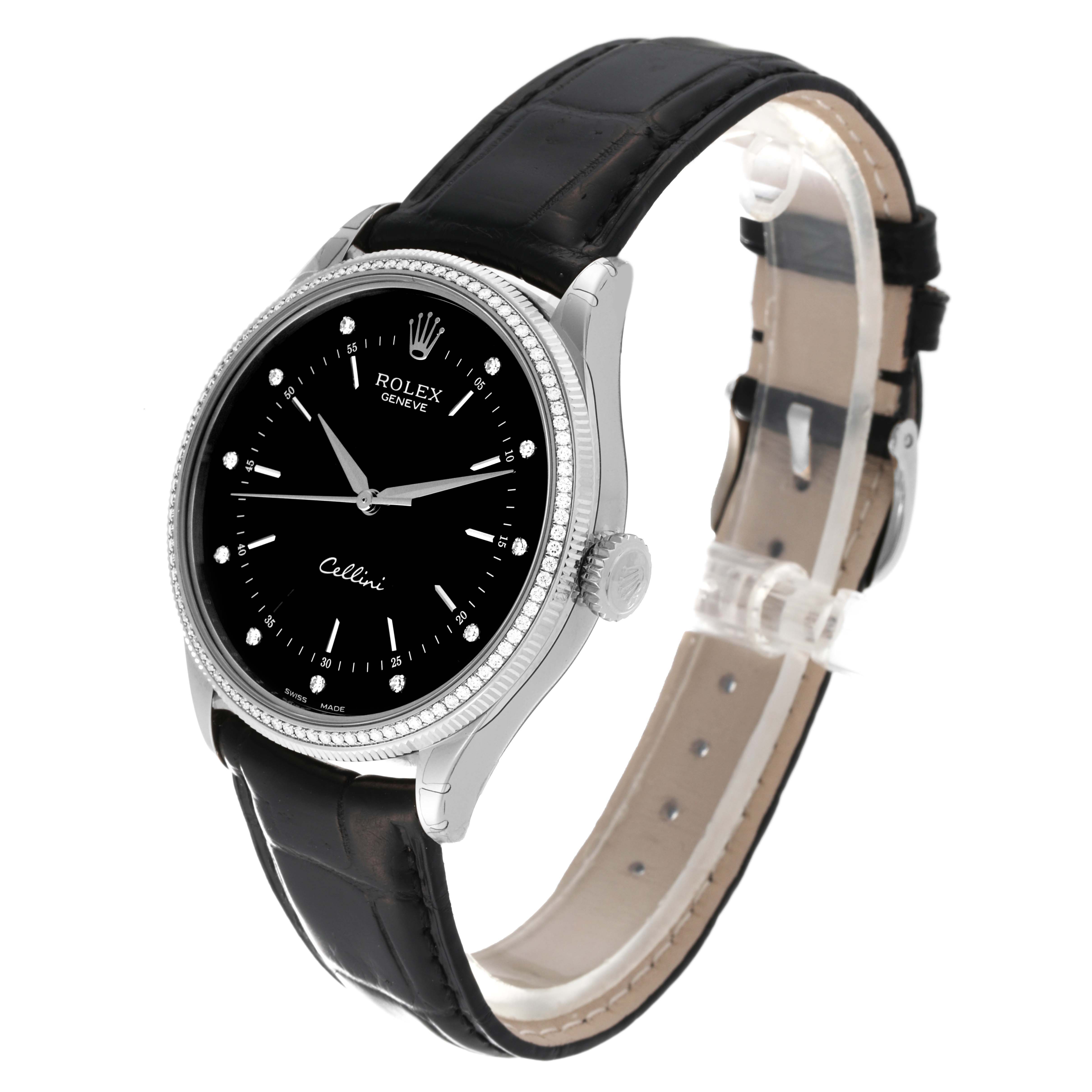 The Rolex Cellini 50609RBR Men's White Gold Black Dial 50609RBR Men's White Gold Black Dial watch is shown at a slight angle, displaying its black dial, silver case, and black leather strap.