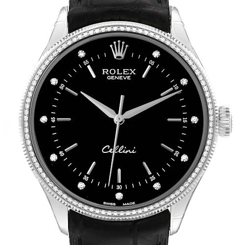 Photo of Rolex Cellini Time White Gold Black Dial Diamond Bezel Mens Watch 50609 Box Card