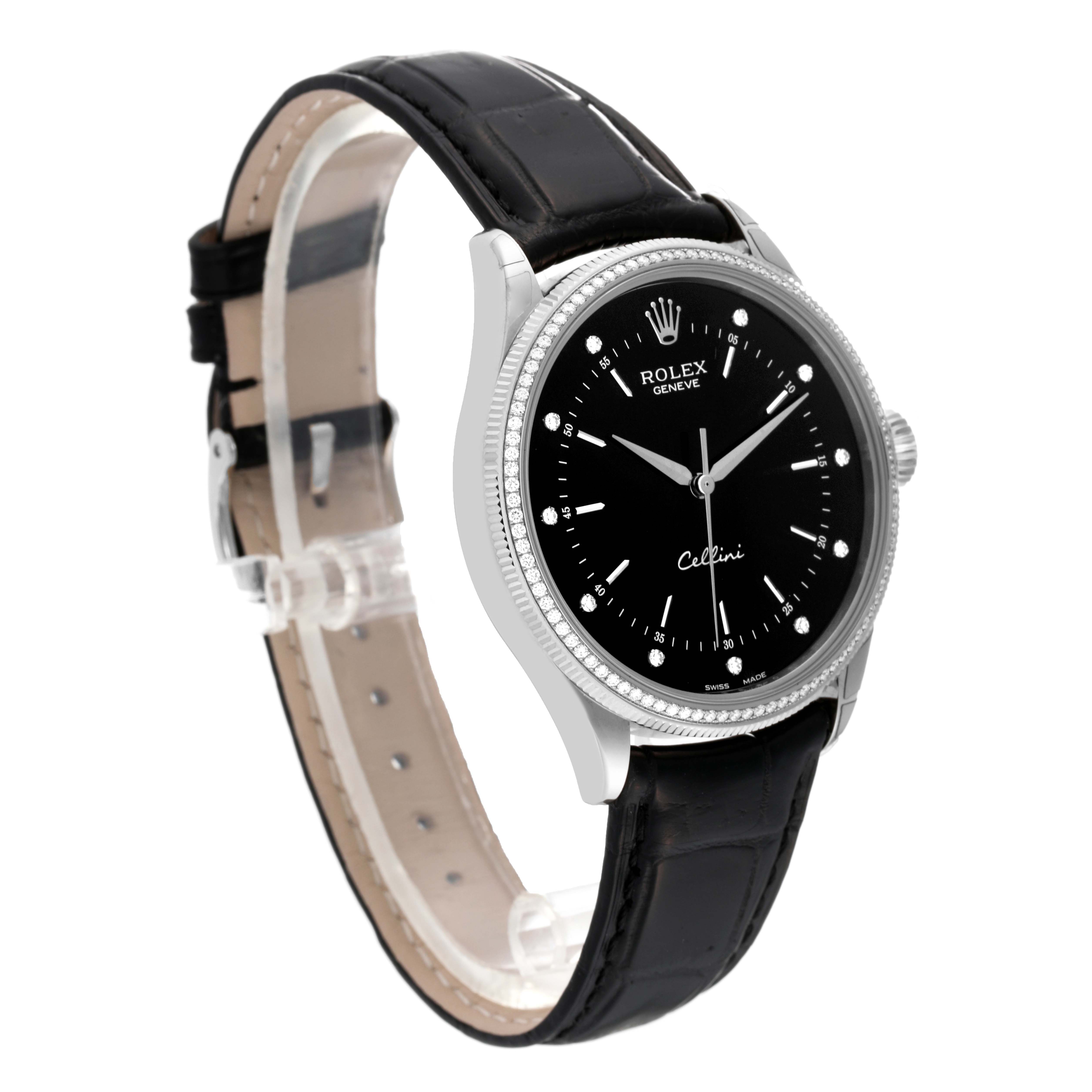 This image shows a Rolex Cellini 50609RBR Men's White Gold Black Dial 50609RBR Men's White Gold Black Dial watch at a slight side angle, displaying its black dial, silver hands and markers, and black leather strap.