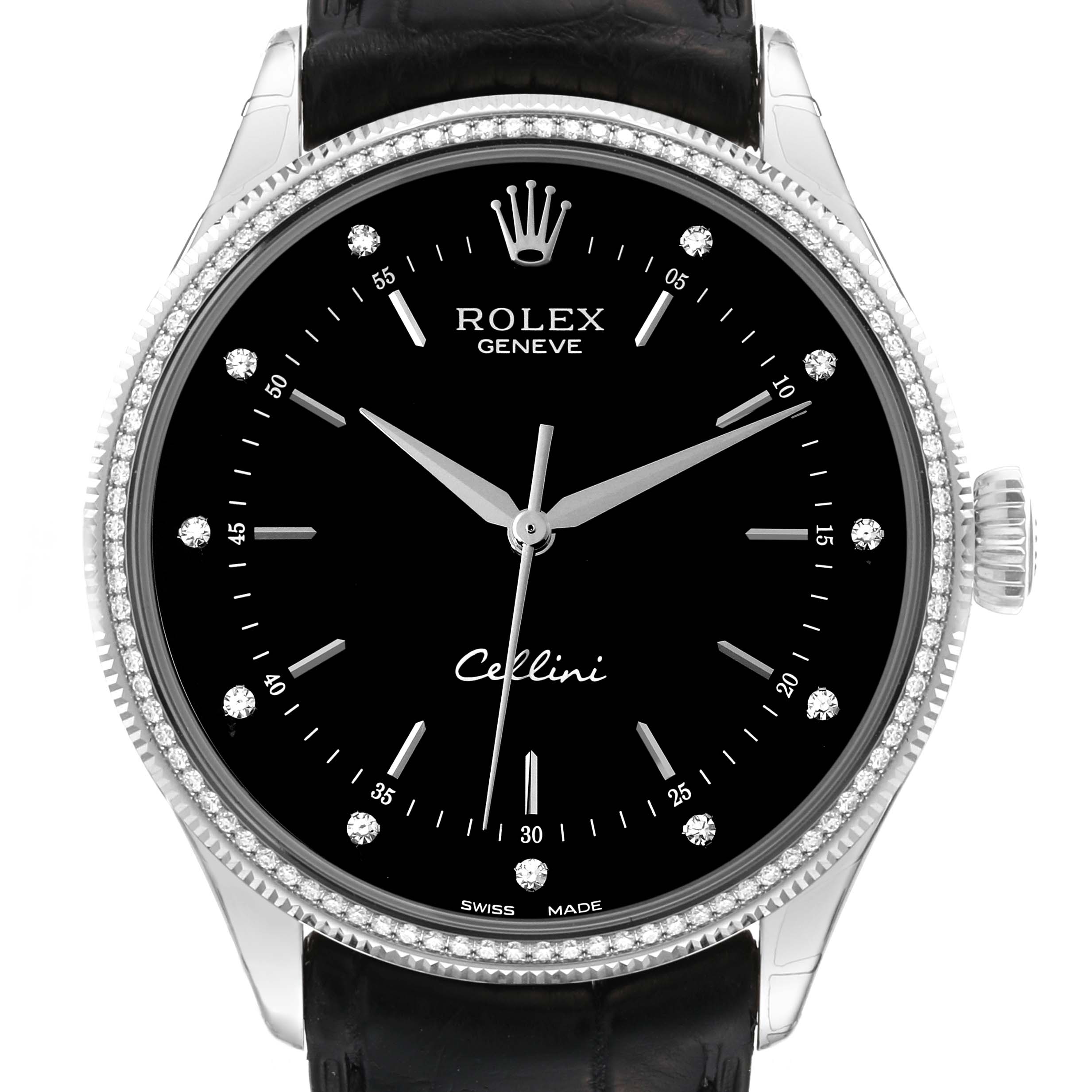 The image shows a frontal view of the Rolex Cellini 50609RBR Men's White Gold Black Dial 50609RBR Men's White Gold Black Dial watch, displaying its black dial, silver hands, hour markers, and parts of the strap.