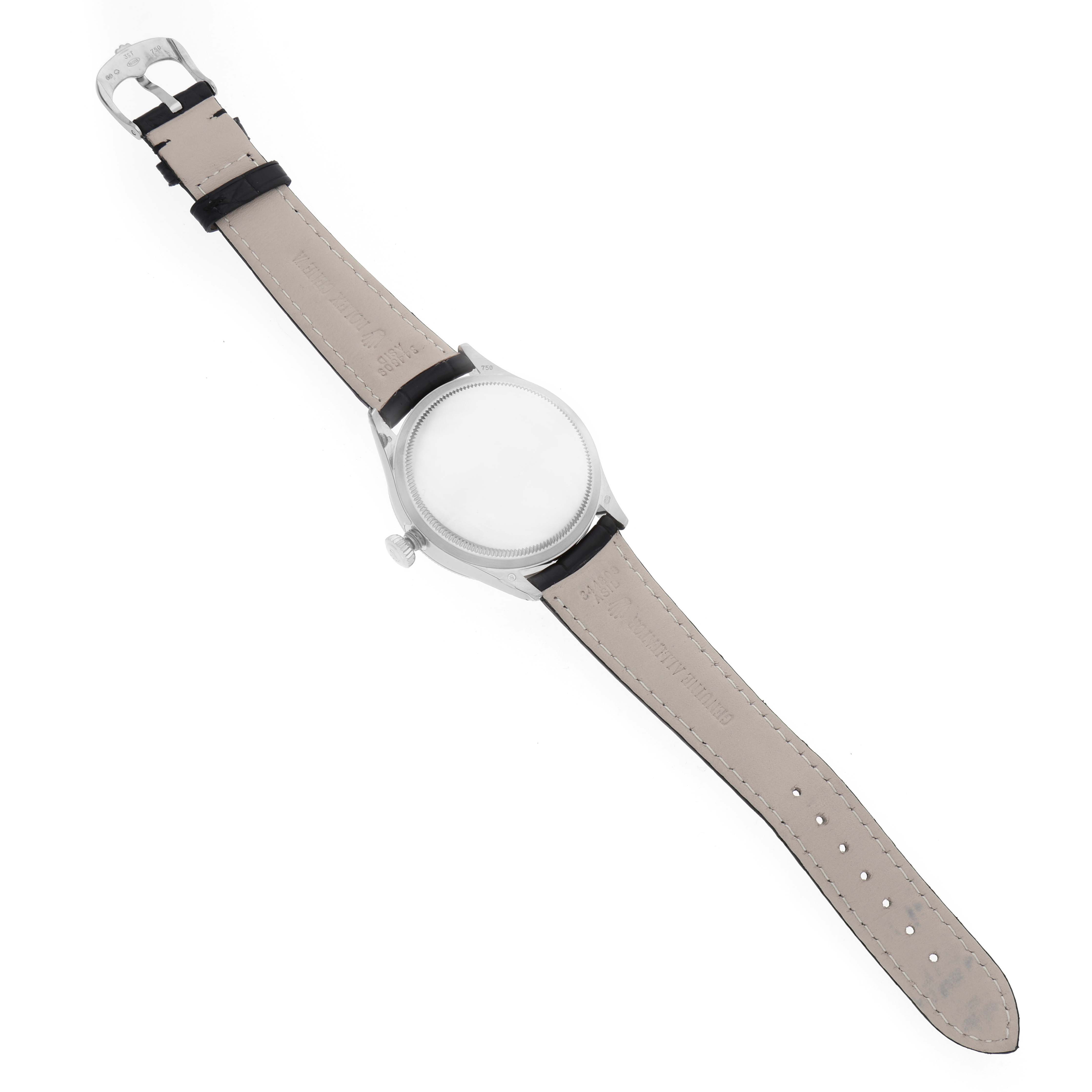 The Rolex Cellini 50609RBR Men's White Gold Black Dial 50609RBR Men's White Gold Black Dial watch is shown from the top, displaying the full leather strap, buckle, and case back.