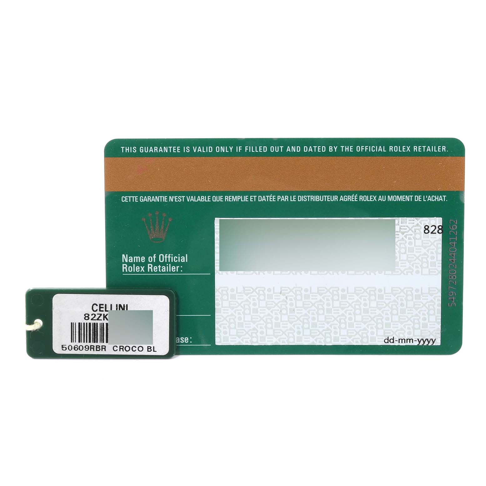 The image shows a Rolex warranty card and a reference tag for the Cellini model.