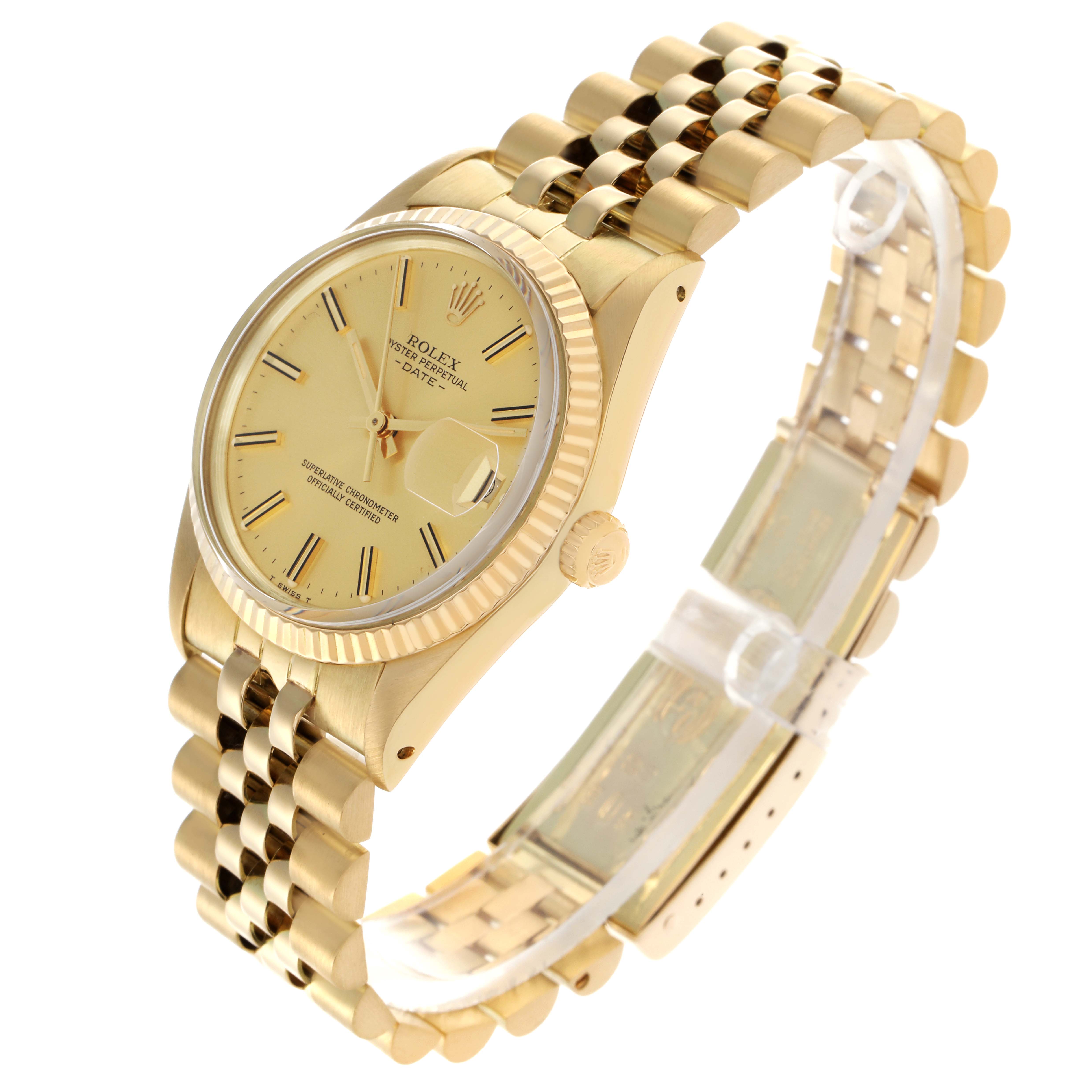 The Rolex Date 15037 Men
s Yellow Gold Champagne Dial 15037 Men
s Yellow Gold Champagne Dial watch is shown at a three-quarter angle displaying the dial, bezel, crown, and partially open bracelet.