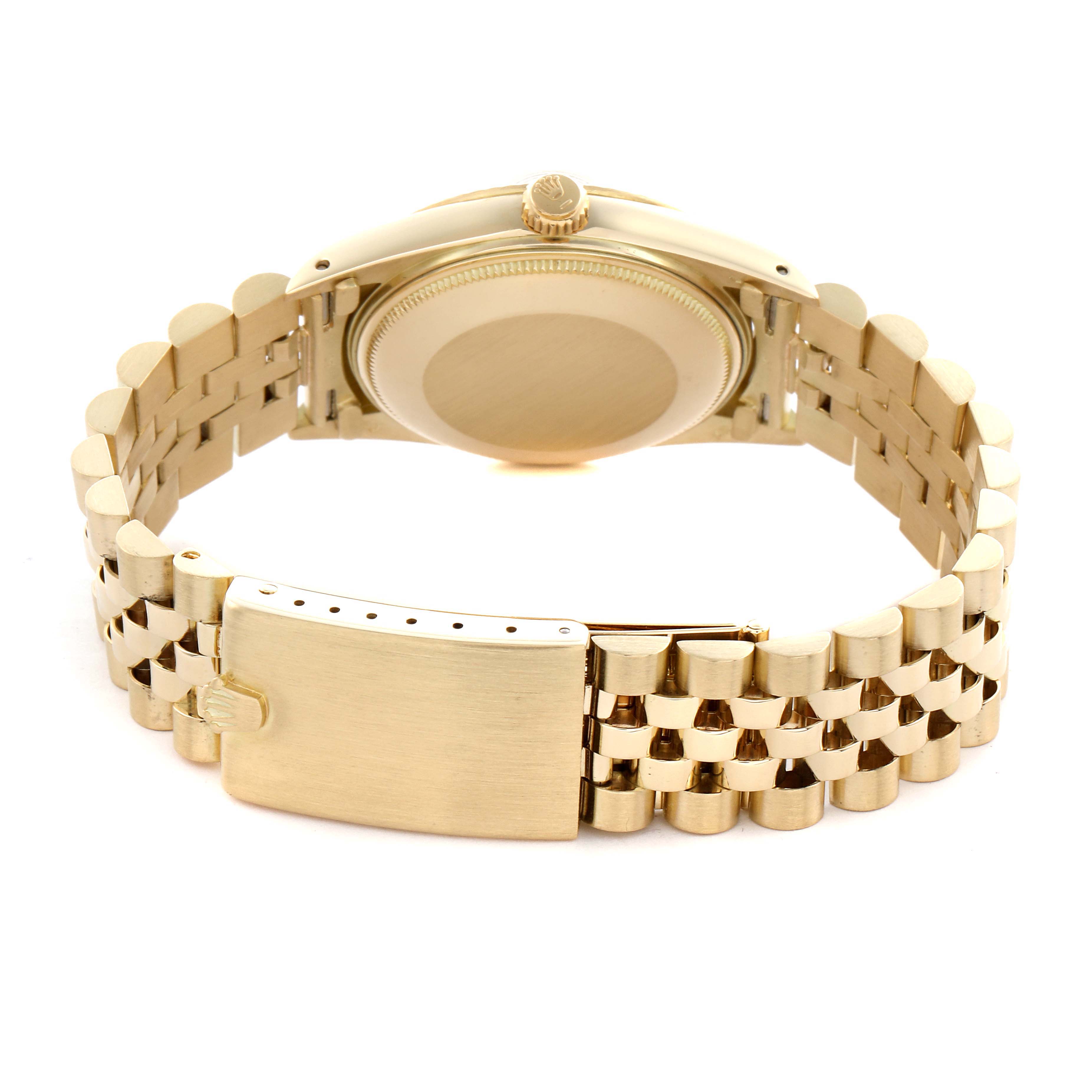 The image shows the back and bracelet of the Rolex Date 15037 Men
s Yellow Gold Champagne Dial 15037 Men
s Yellow Gold Champagne Dial watch, highlighting the clasp and case back.