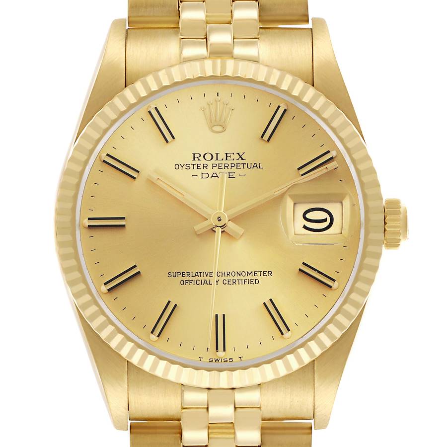 The Rolex Date model is shown from a top-down angle, highlighting the dial, bezel, crown, and part of the bracelet.