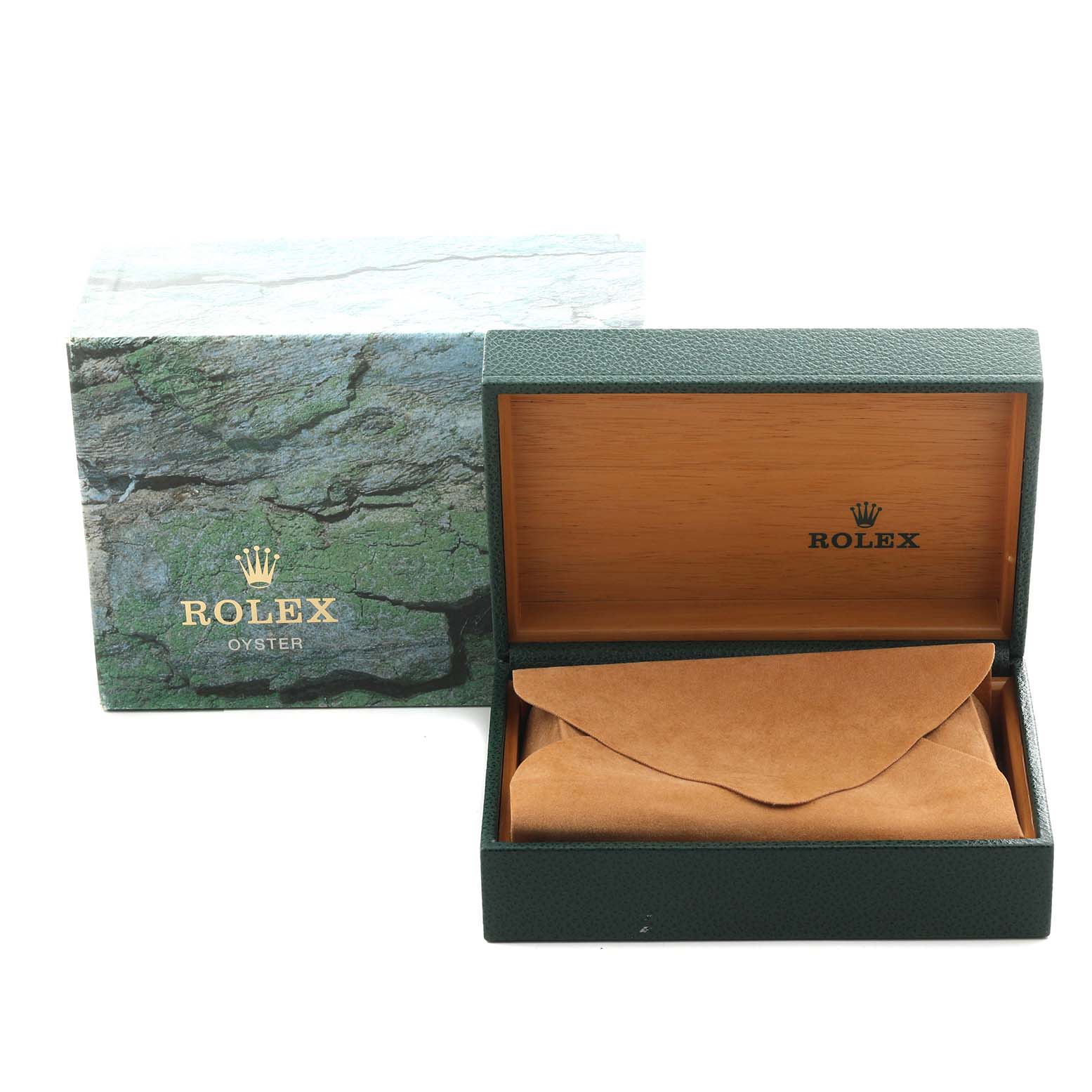 The image shows a Rolex Date 15200 Men's Stainless Steel Black Dial 15200 Men's Stainless Steel Black Dial model watch box, including the outer box and an open inner box with a pouch inside.