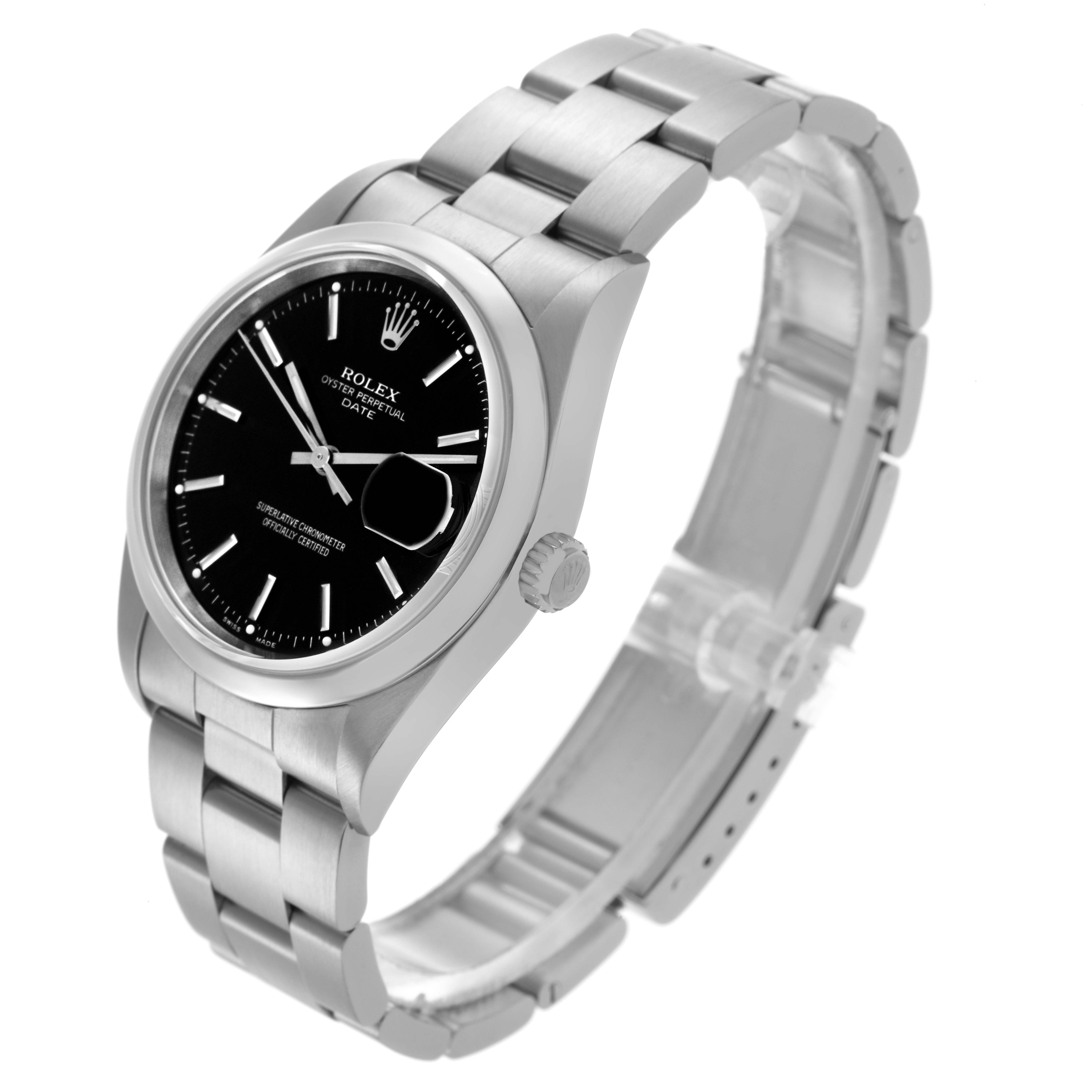 The Rolex Date 15200 Men's Stainless Steel Black Dial 15200 Men's Stainless Steel Black Dial watch is shown at a three-quarter angle, highlighting the bracelet, crown, and black dial.