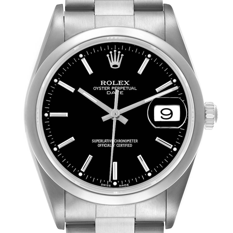The Rolex Date model watch is shown from a front angle, highlighting the dial, hands, date window, and bracelet.