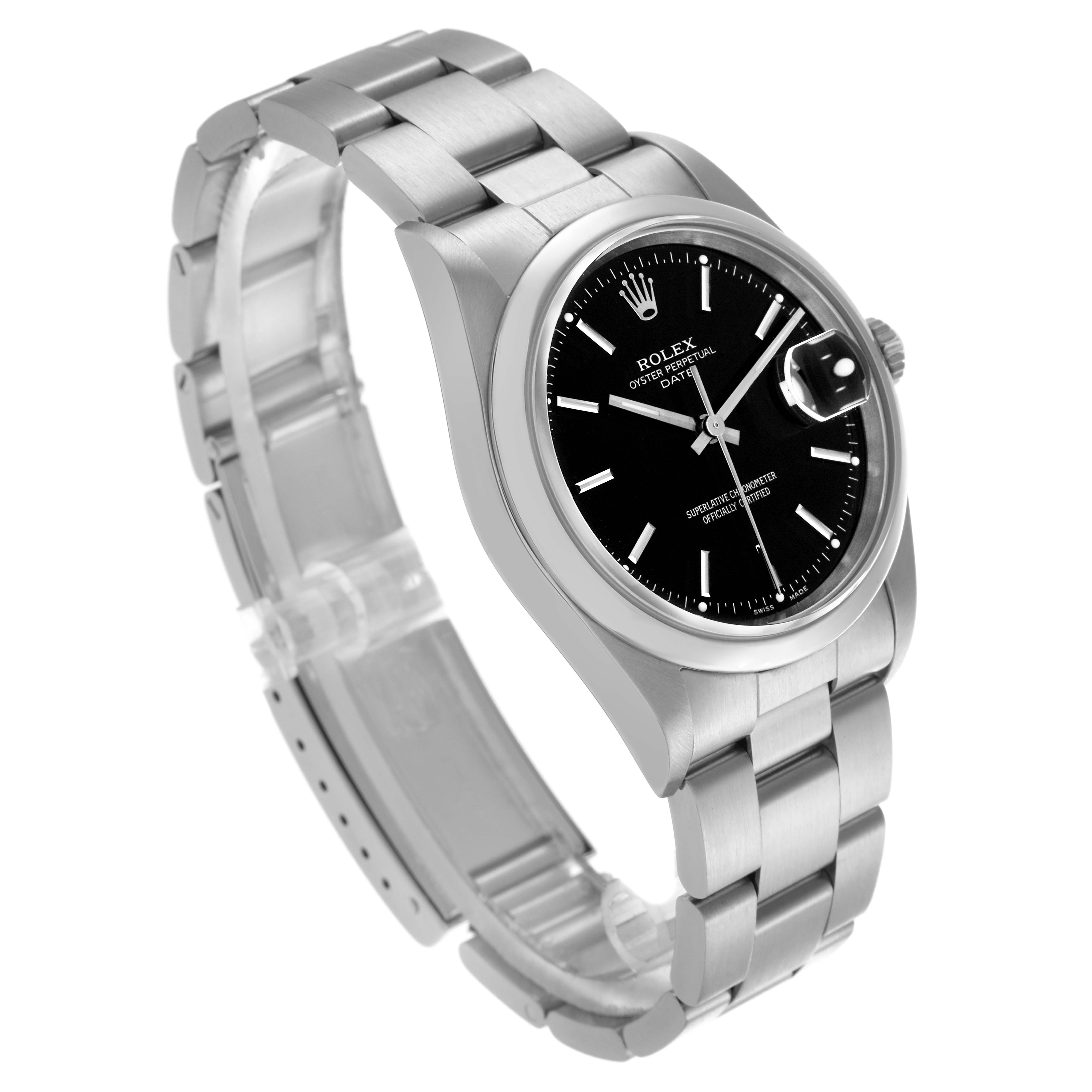 The Rolex Date 15200 Men's Stainless Steel Black Dial 15200 Men's Stainless Steel Black Dial watch is shown at a three-quarter angle, displaying the face, bezel, and part of the bracelet.