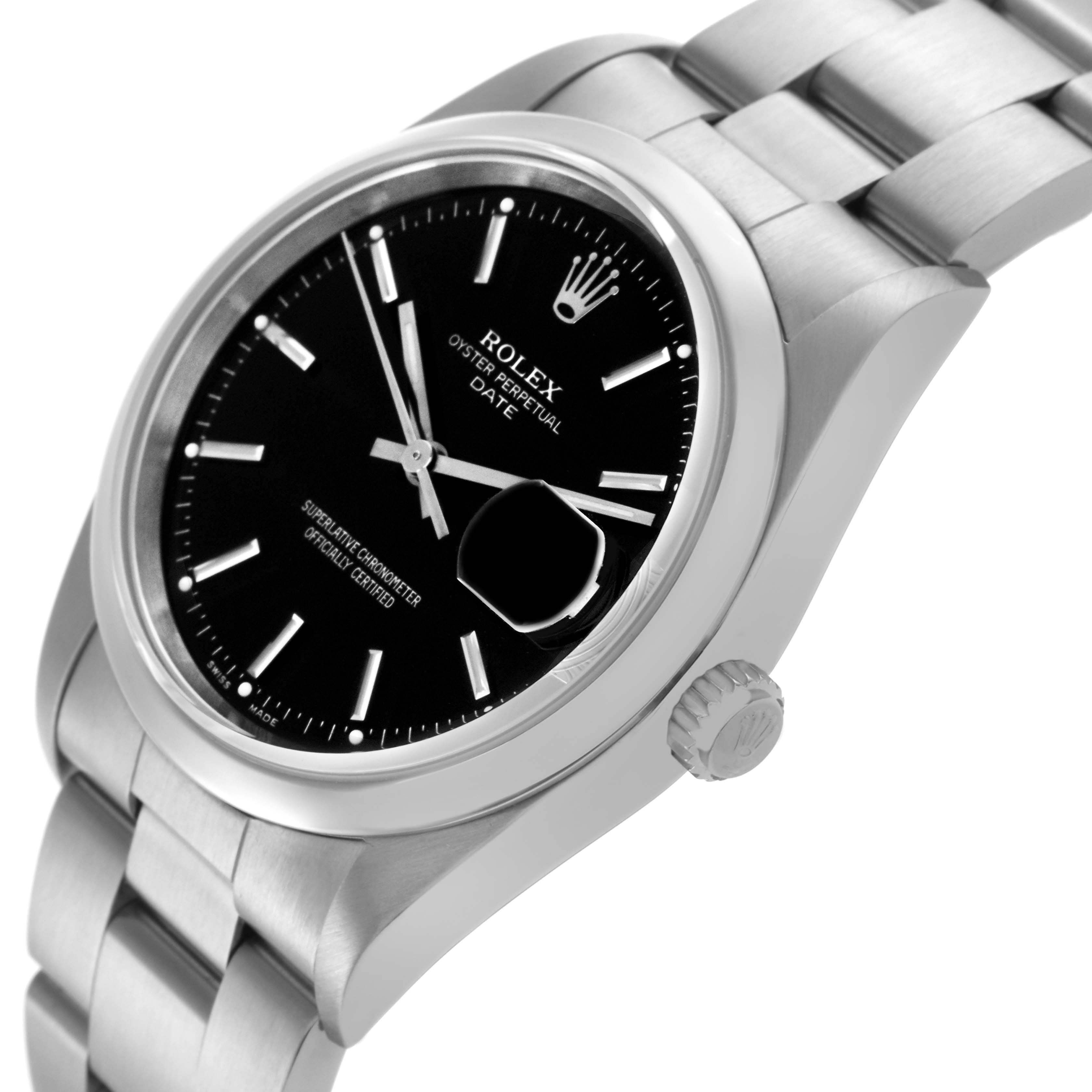 The Rolex Date 15200 Men's Stainless Steel Black Dial 15200 Men's Stainless Steel Black Dial model is shown at an angled close-up, highlighting the dial, bezel, crown, and part of the bracelet.