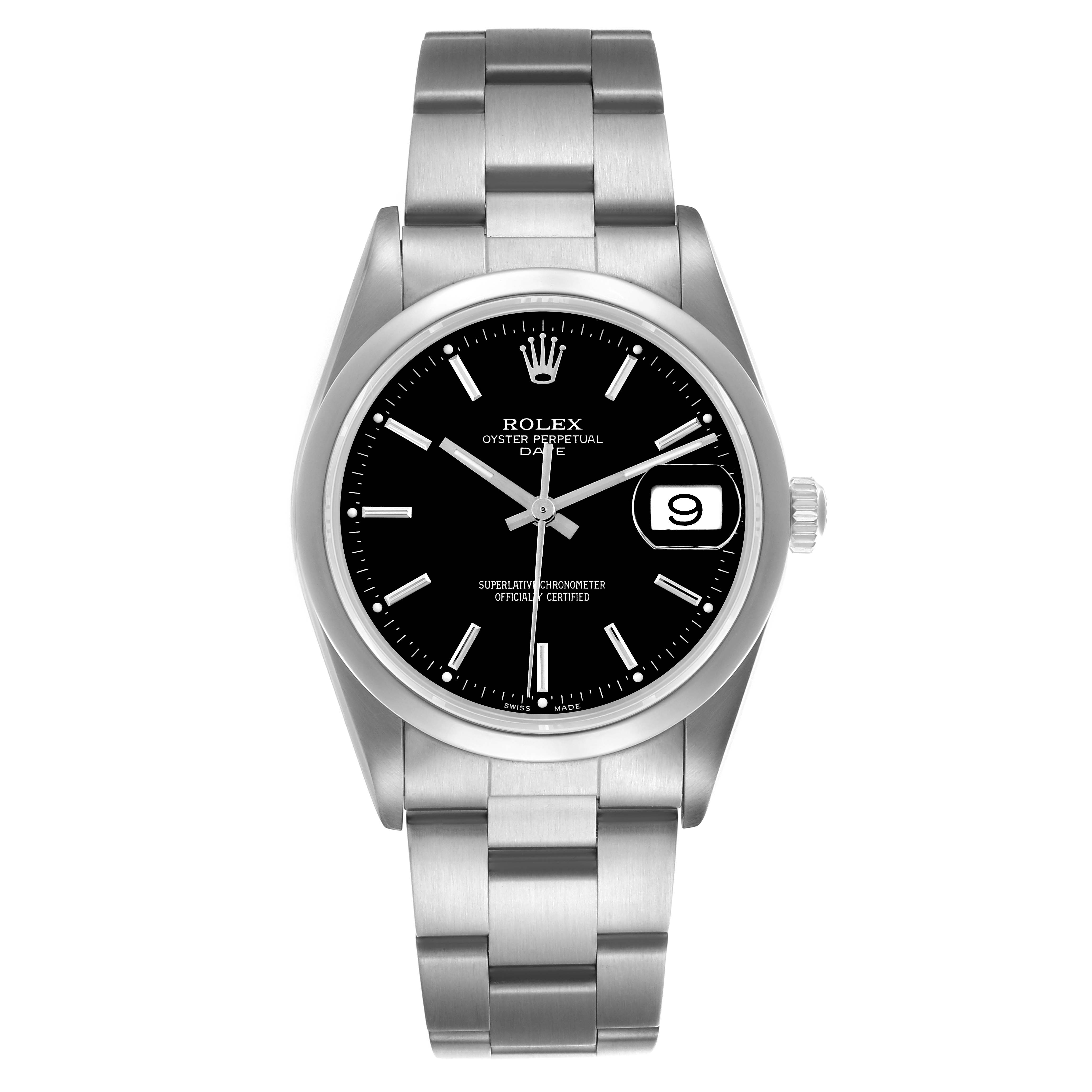 The Rolex Date 15200 Men's Stainless Steel Black Dial 15200 Men's Stainless Steel Black Dial watch is shown from the front, displaying the dial, hands, bracelet, and date window.