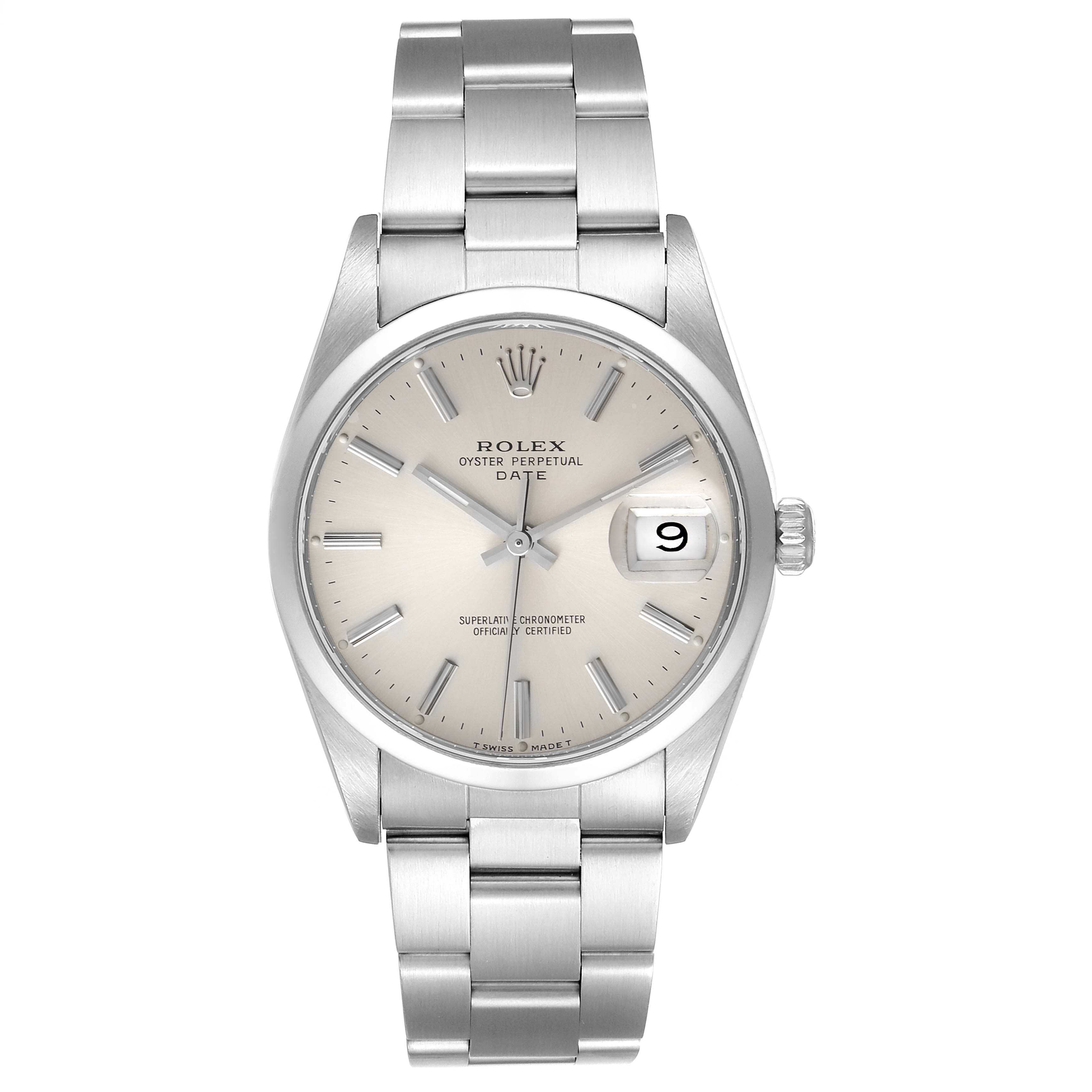 The image shows a front view of a Rolex Date 15200 Men's Stainless Steel Silver Dial 15200 Men's Stainless Steel Silver Dial model watch, featuring its silver dial, bracelet, and date window.