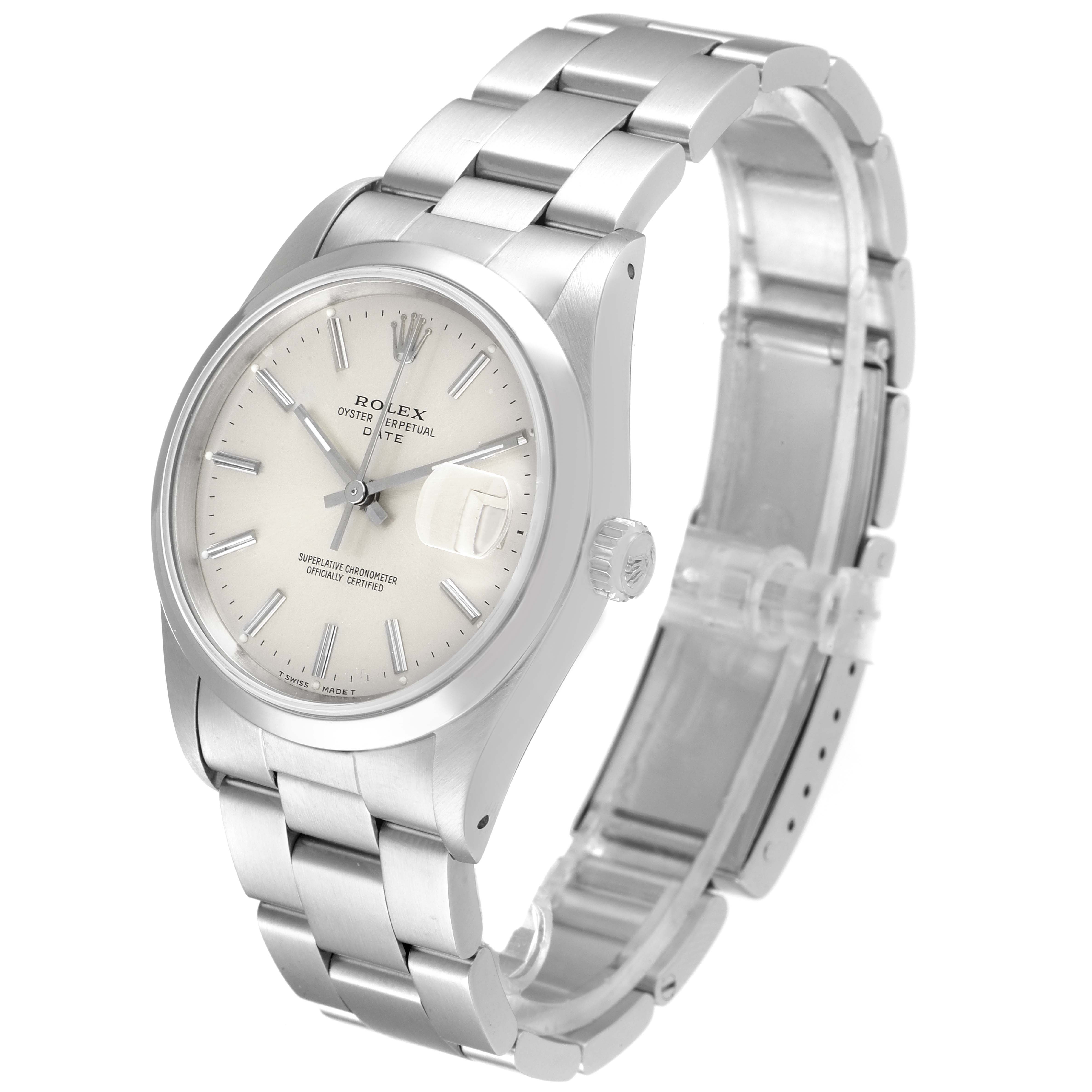 The Rolex Date 15200 Men's Stainless Steel Silver Dial 15200 Men's Stainless Steel Silver Dial watch is shown at a three-quarter angle, displaying its face, bracelet, and crown.