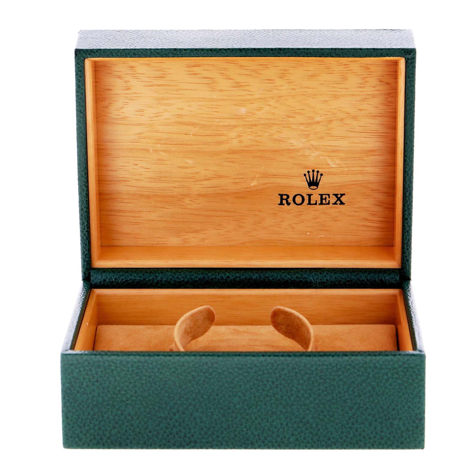 This image shows the open box for a Rolex Date 15200 Men's Stainless Steel Silver Dial 15200 Men's Stainless Steel Silver Dial model watch, featuring a green exterior and a wooden interior with the Rolex logo.