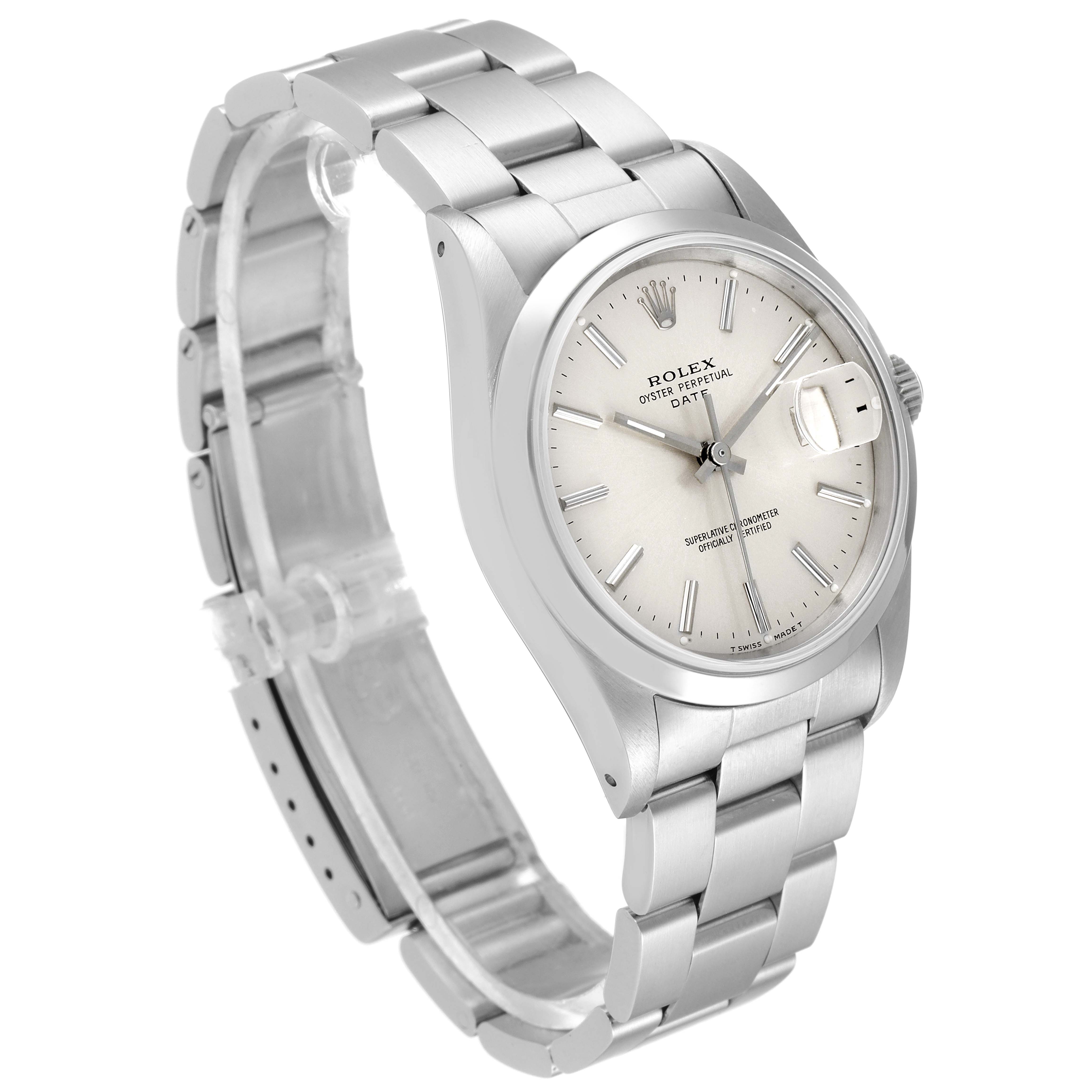 The Rolex Date 15200 Men's Stainless Steel Silver Dial 15200 Men's Stainless Steel Silver Dial model watch is shown at a slight angle, displaying its face, bracelet, crown, and clasp.