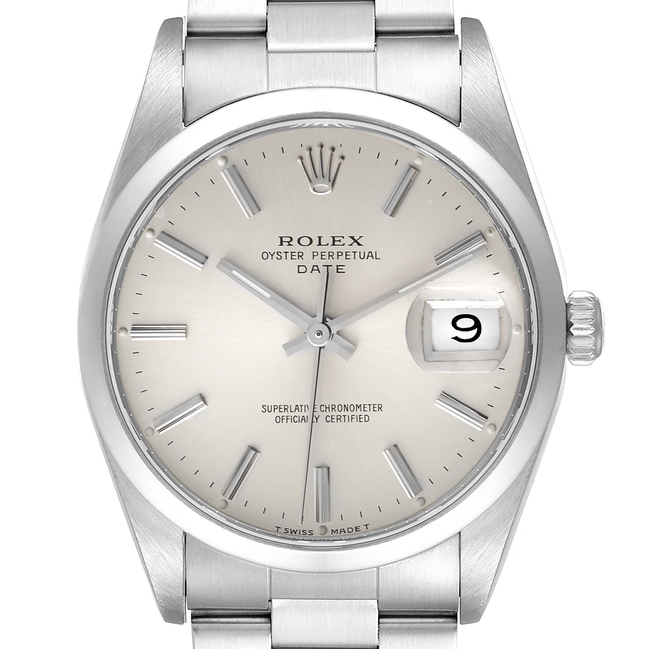 This image shows a front view of a Rolex Oyster Perpetual Date, displaying the dial, crown, and bracelet.