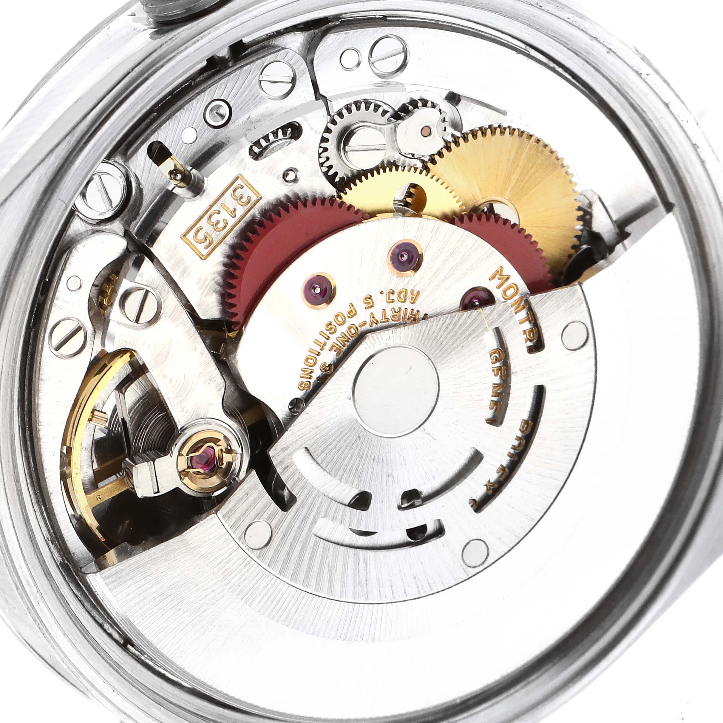 The image shows the intricate internal mechanics of a Rolex Date 15200 Men's Stainless Steel Silver Dial 15200 Men's Stainless Steel Silver Dial model watch from a top-down angle.